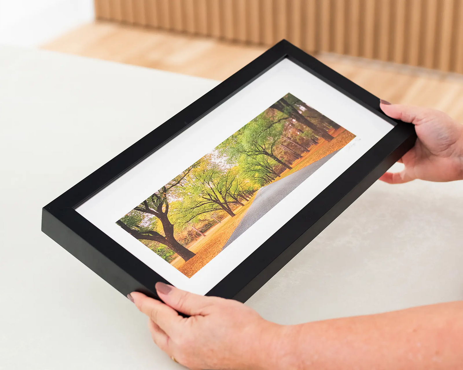 Framed photographic print of the Governor General's Driveway, on an autumn day in Yarralumla, Canberra. 