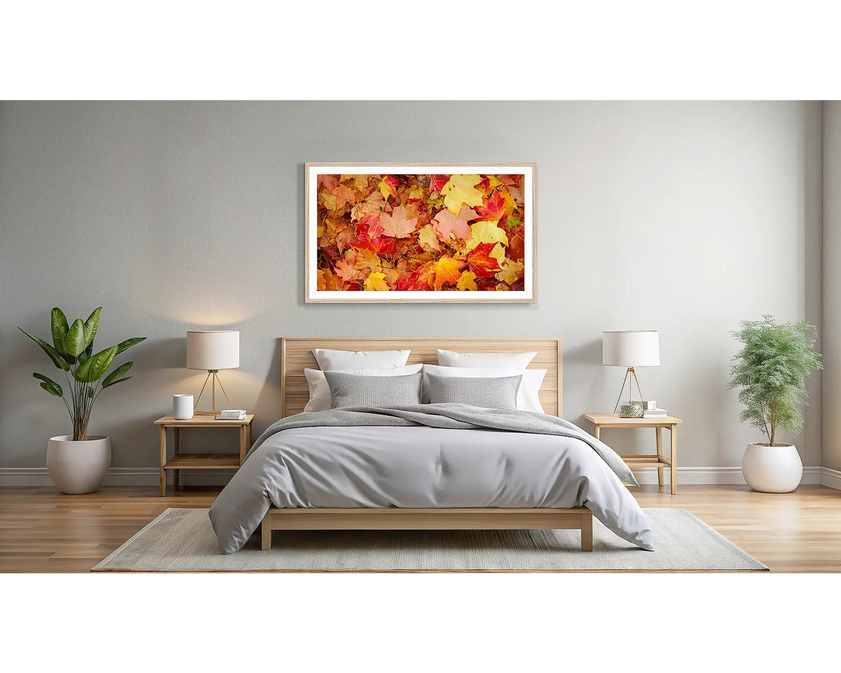 Autumn Layers. Wall art print of autumn leaves in Bright, Victoria, framed with a Tasmanian Oak frame, and hung in a light filled bedroom.