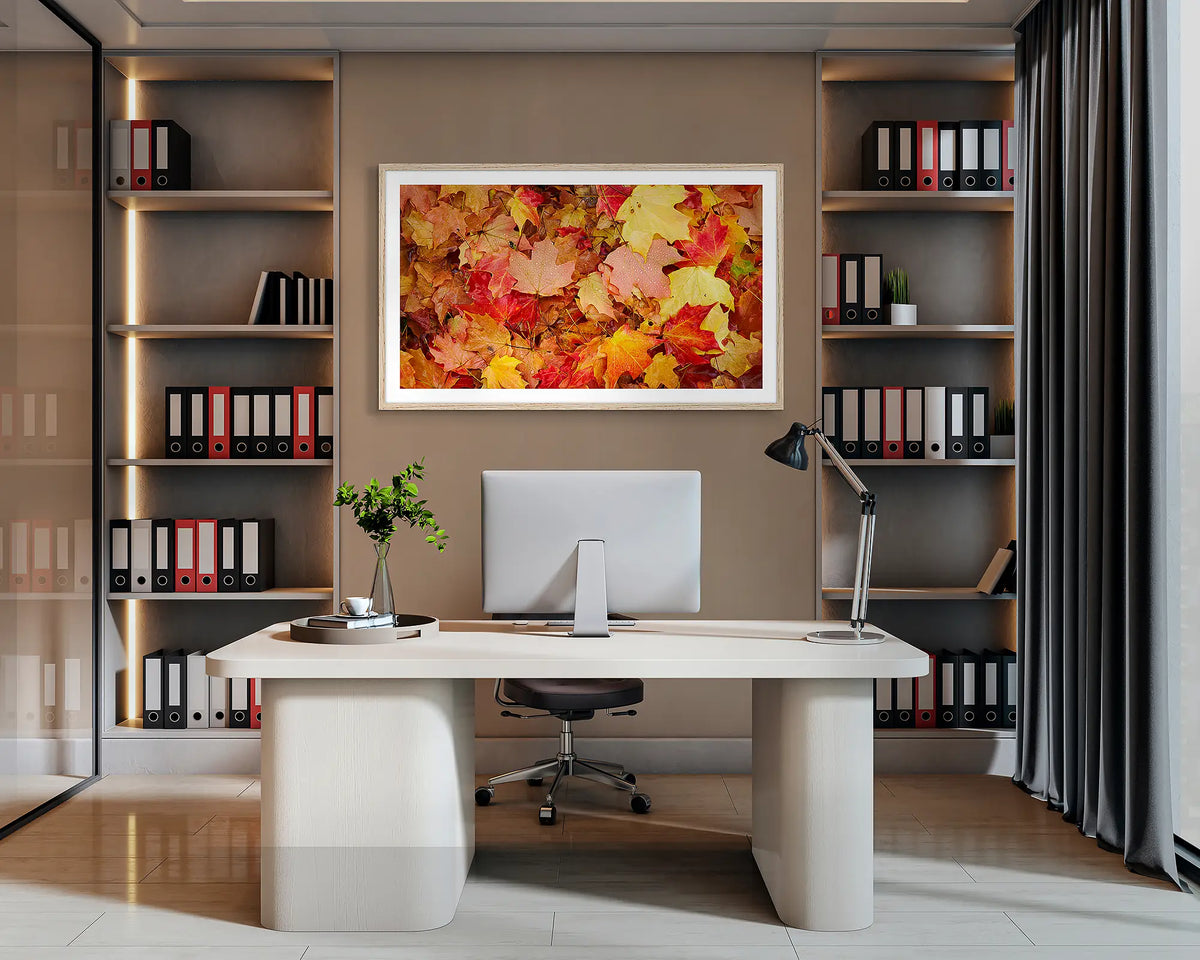 Autumn Layers. Wall art print of autumn leaves in Bright, Victoria, with a Tasmanian Oak frame, hanging behind a desk in a corporate office. 