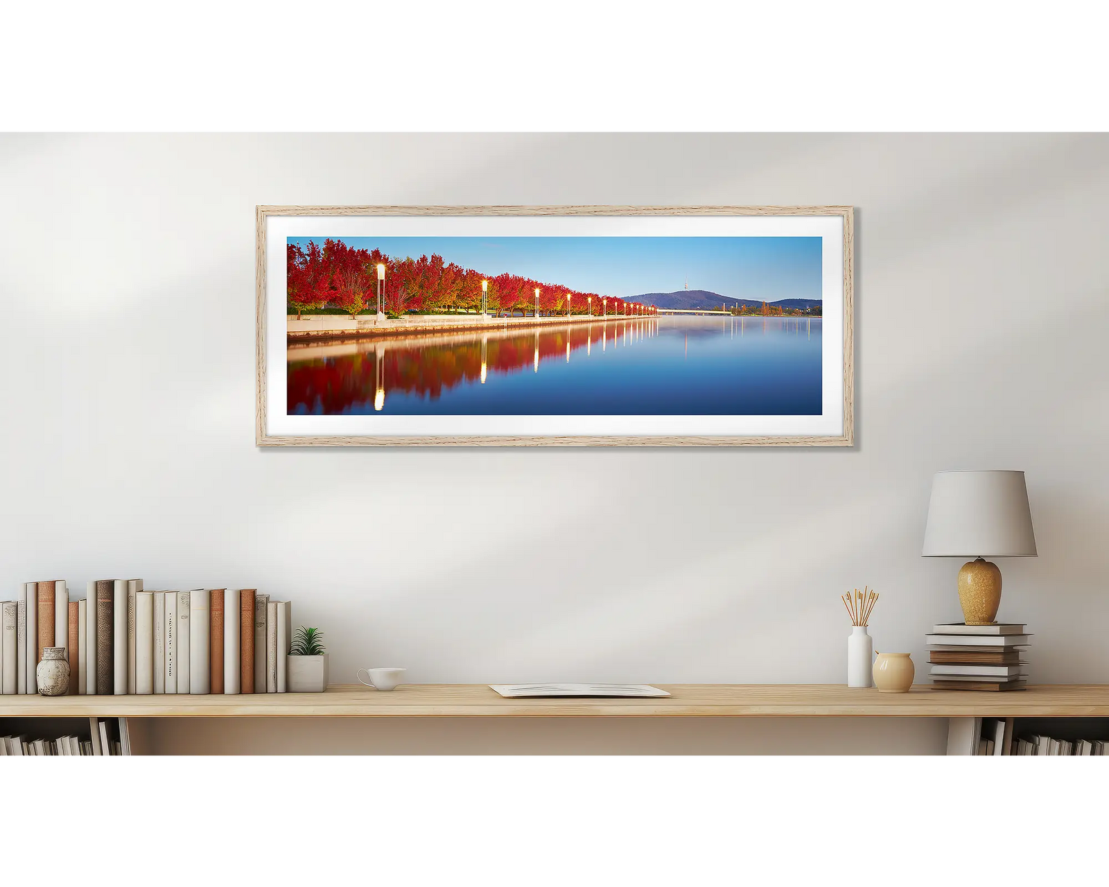 Autumn Sunrise. Red autumn trees beside Lake Burley Griffin, Canberra.