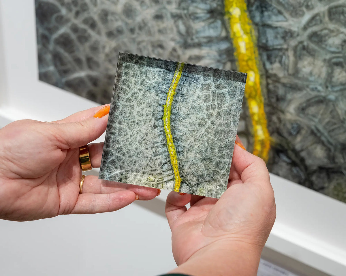 Backbone. Acrylic block abstract aerial artwork being held in hands.