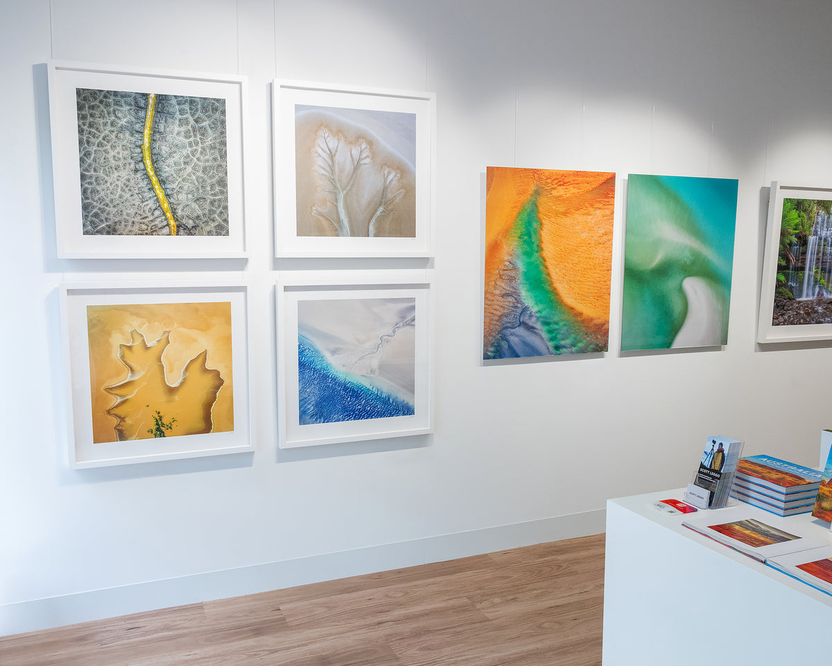 Backbone. Dried out dam New South Wales Australia, wall art with white frame, on display in gallery.