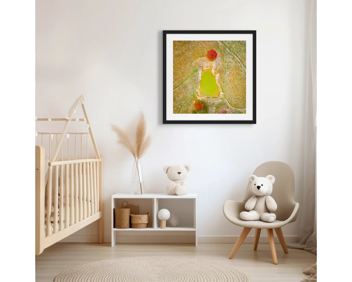 Ball Game. Abstract photographic wall art print with a black frame, hung in a scandi kids bedroom. 