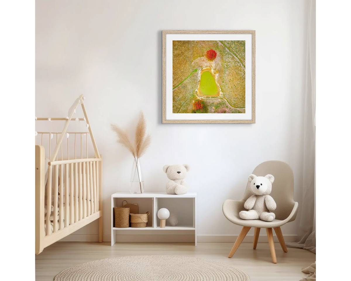 Ball Game. Abstract photographic wall art print with a Tassie Oak frame, hung in a scandi kids bedroom. 