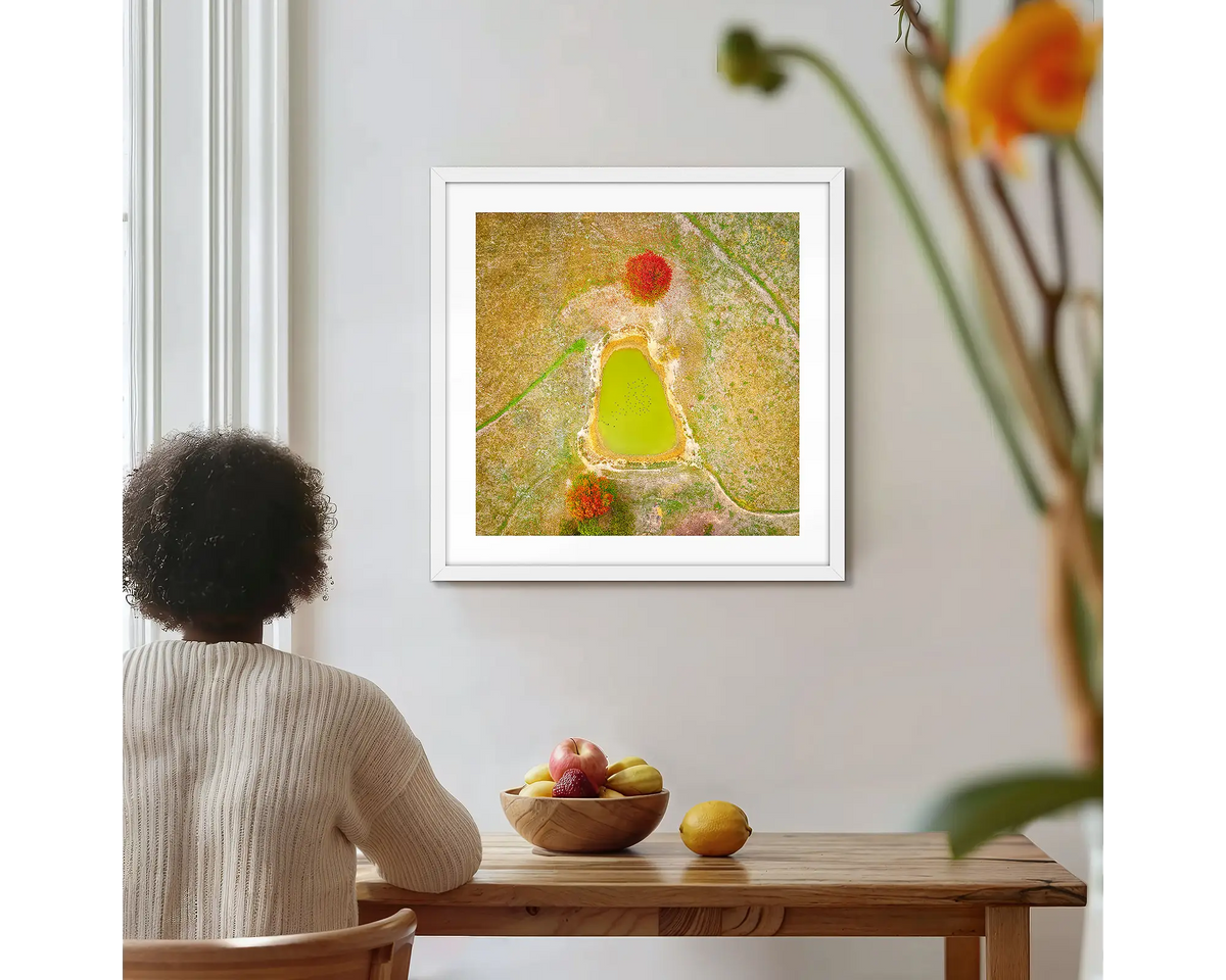 Ball Game. Farm dam, abstract photographic wall art print, with a white frame, hung on a kitchen wall with a women admiring. 