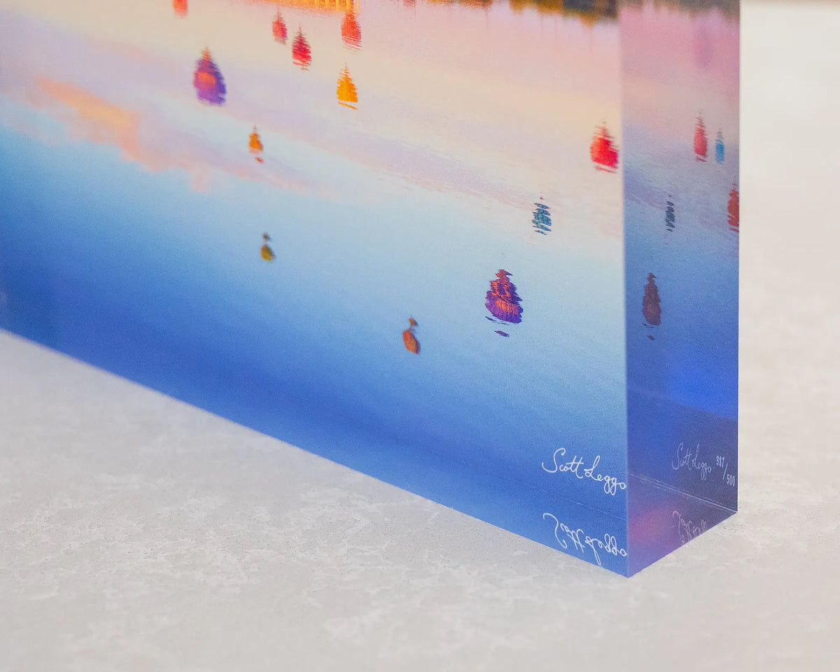 Balloon Spectacular. Acrylic block of hot air balloons over Lake Burley Griffin Canberra, corner close-up details.