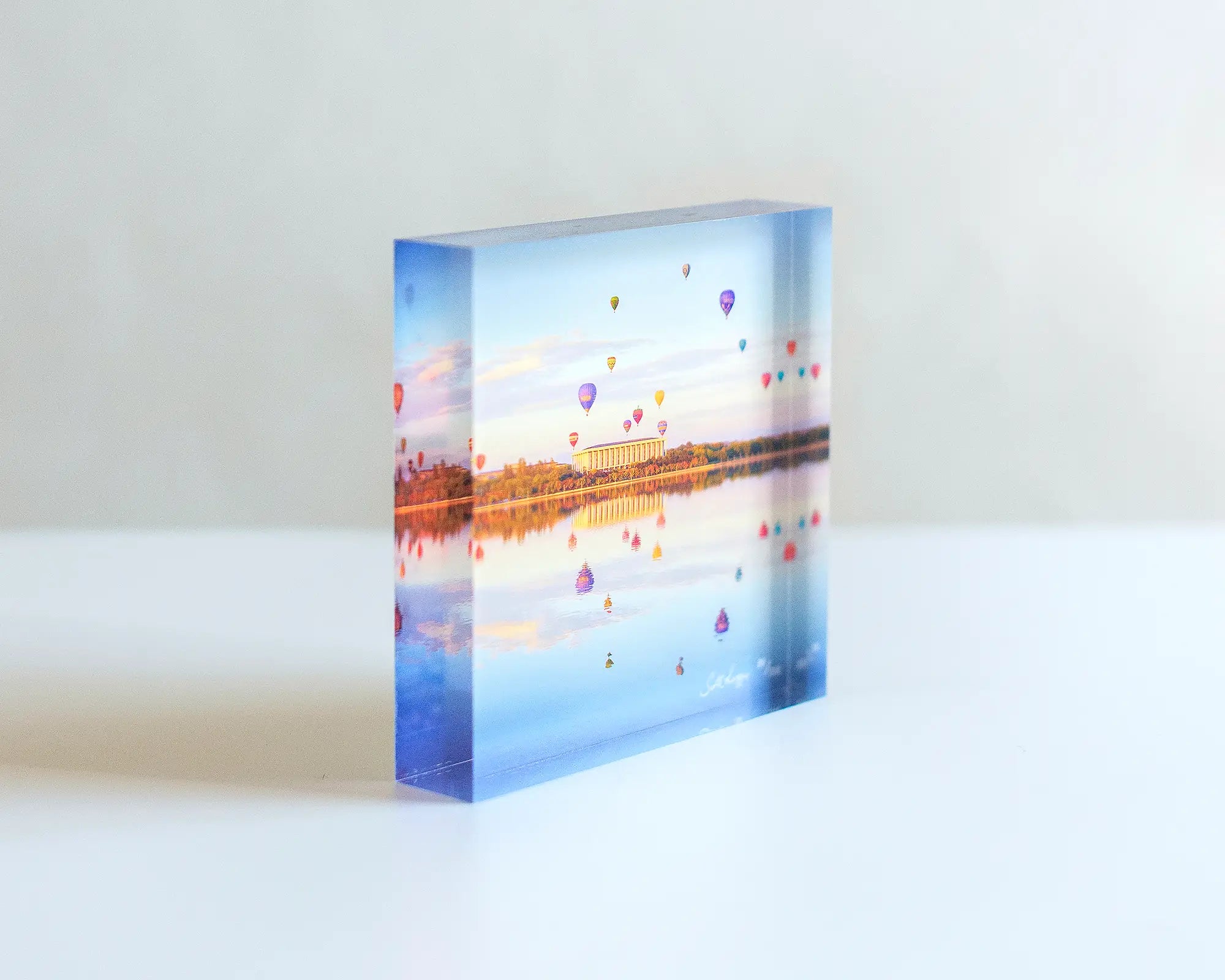 Balloon Spectacular - Balloon sunrise over Canberra - Acrylic block sitting on desk.