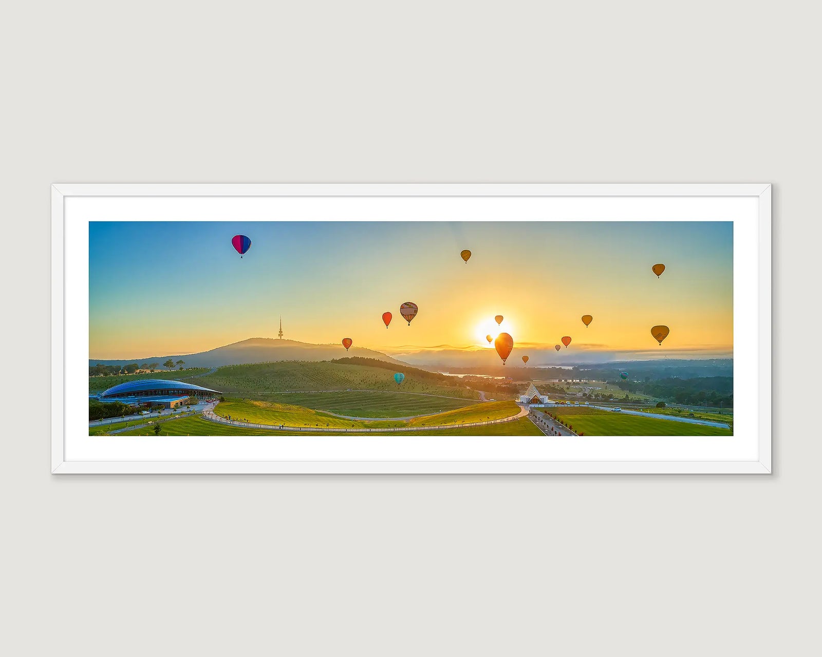 Framed photograph of a panoramic scene of hot air balloons over the arboretum at sunrise. 