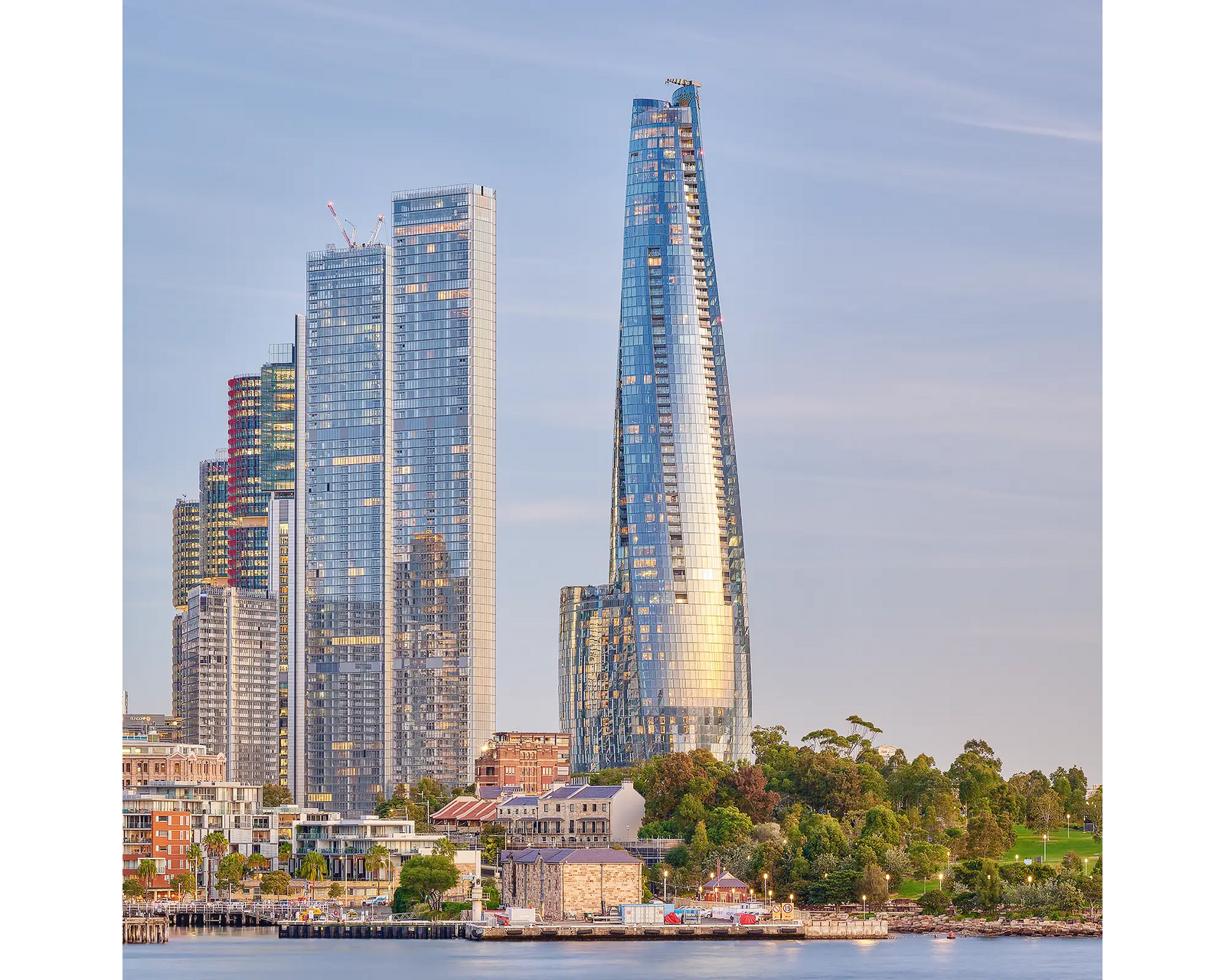 Barangaroo Pillars. Barangaroo buildings at sunset in Sydney.