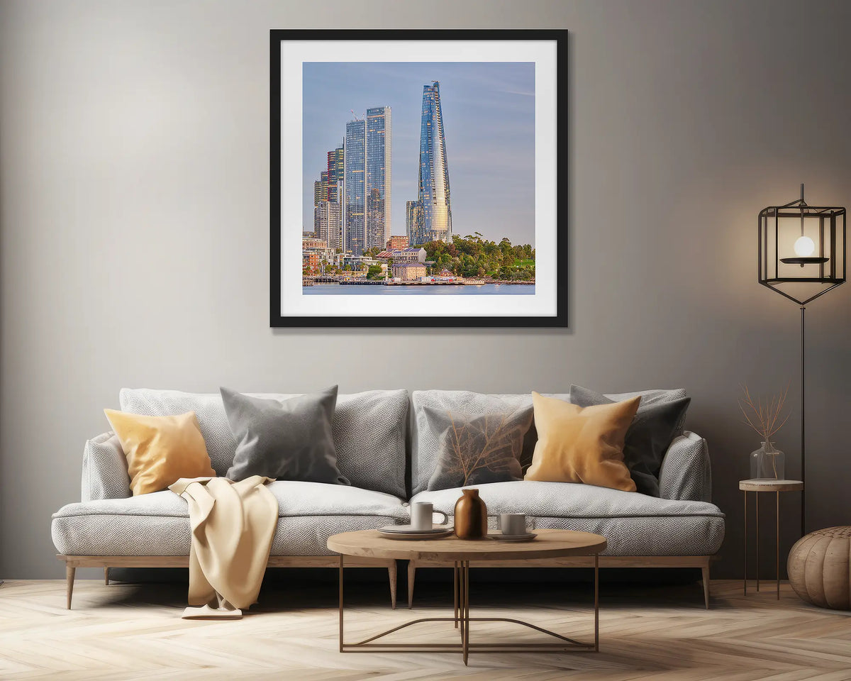 Barangaroo Pillars. Sydney Crown Towers artwork, in a black frame, on a lounge room wall. 