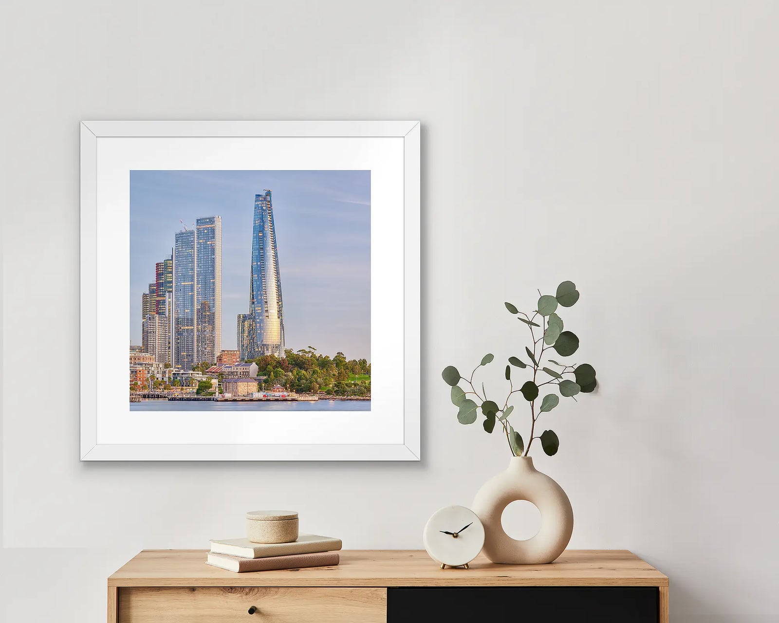 Framed photograph of Barangaroo Pillars and the wharf, in Sydney. 