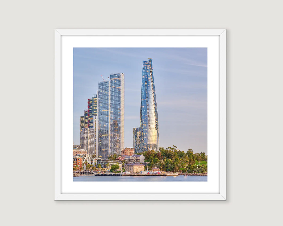 Framed photograph of Barangaroo Pillars and the wharf, in Sydney. 