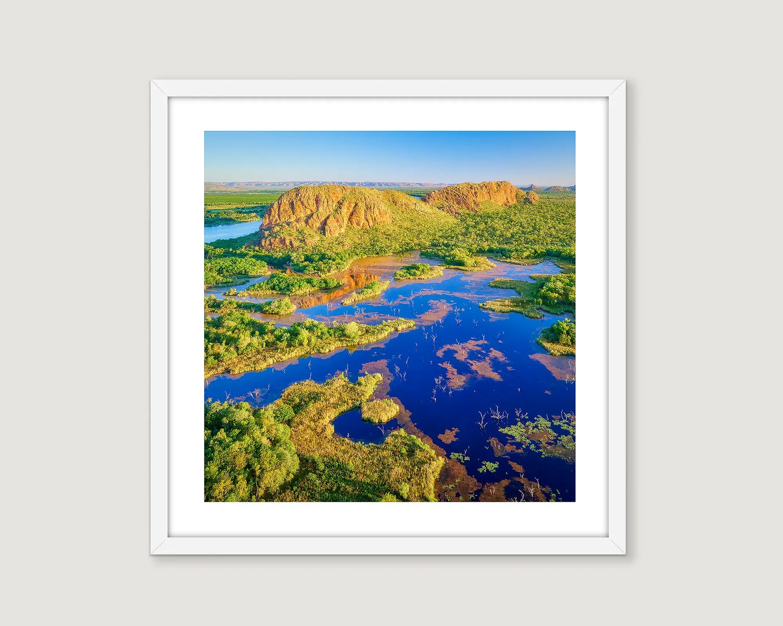 Framed wall art print of an aerial view of Elephant Rock and Carlton Creek, near Kununurra.