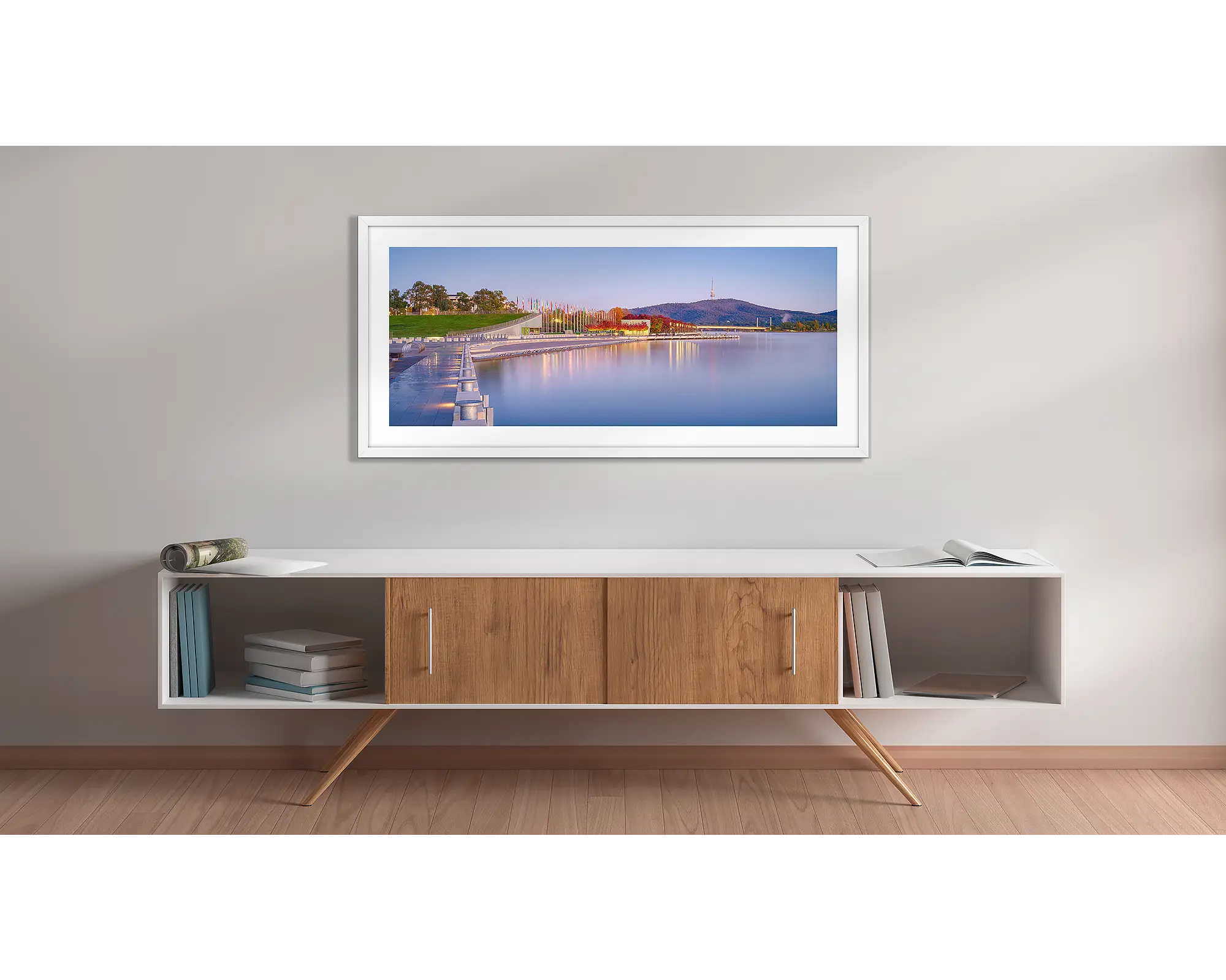 Dawn over Lake Burley Griffin in Canberra, in autumn.