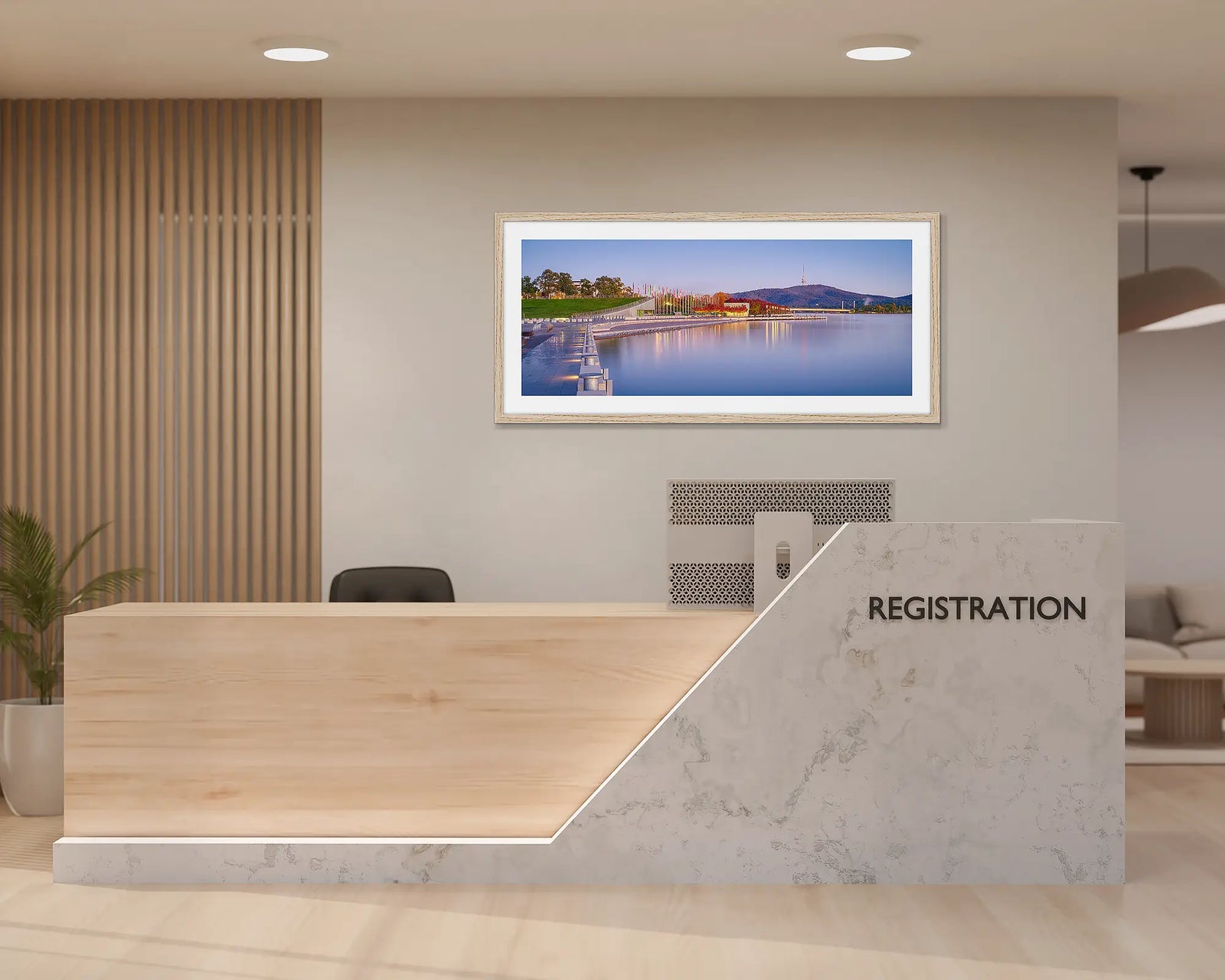 Framed wall art print of an autumn morning around Lake Burley Griffin with Black Mountain in the background. 