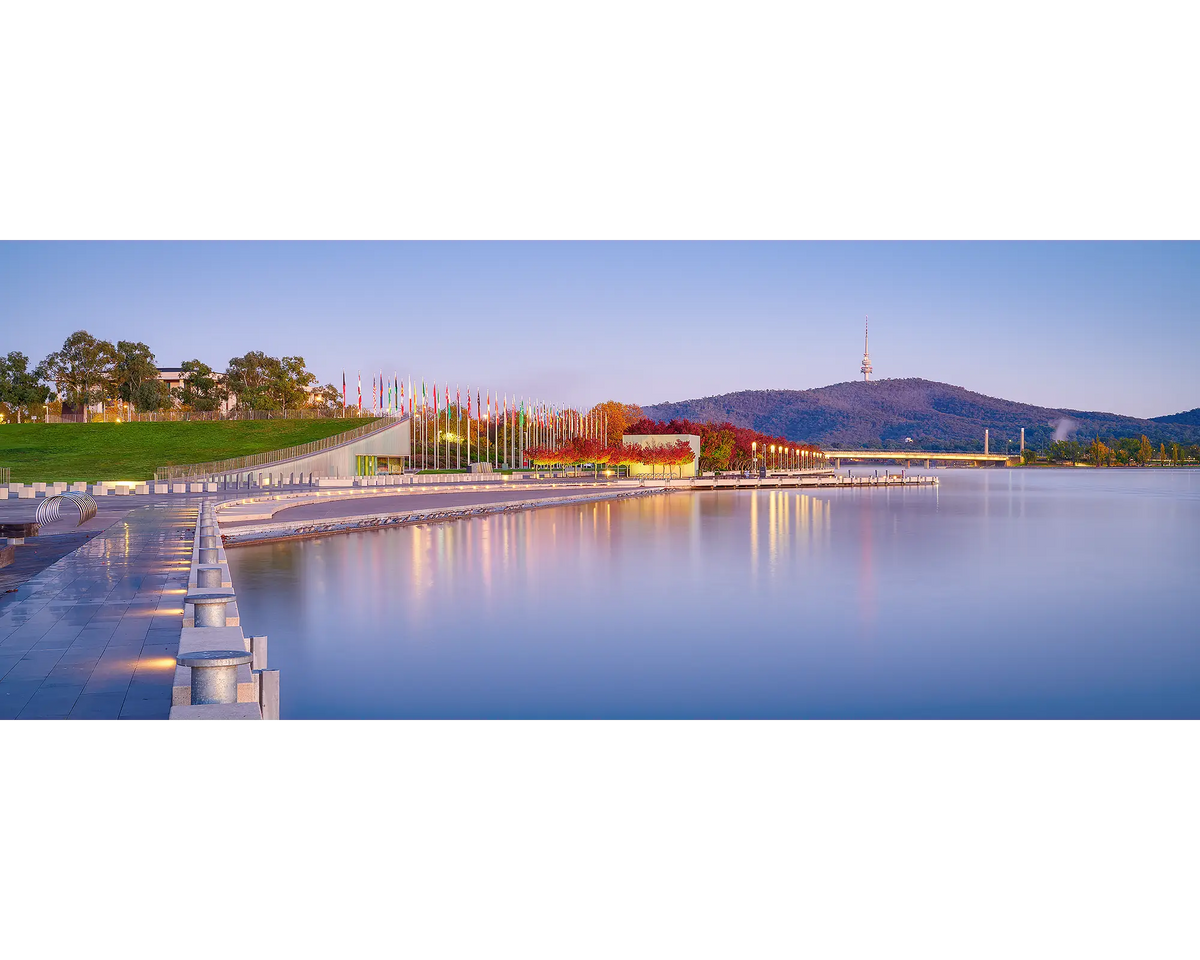 Dawn over Lake Burley Griffin in Canberra during autumn.