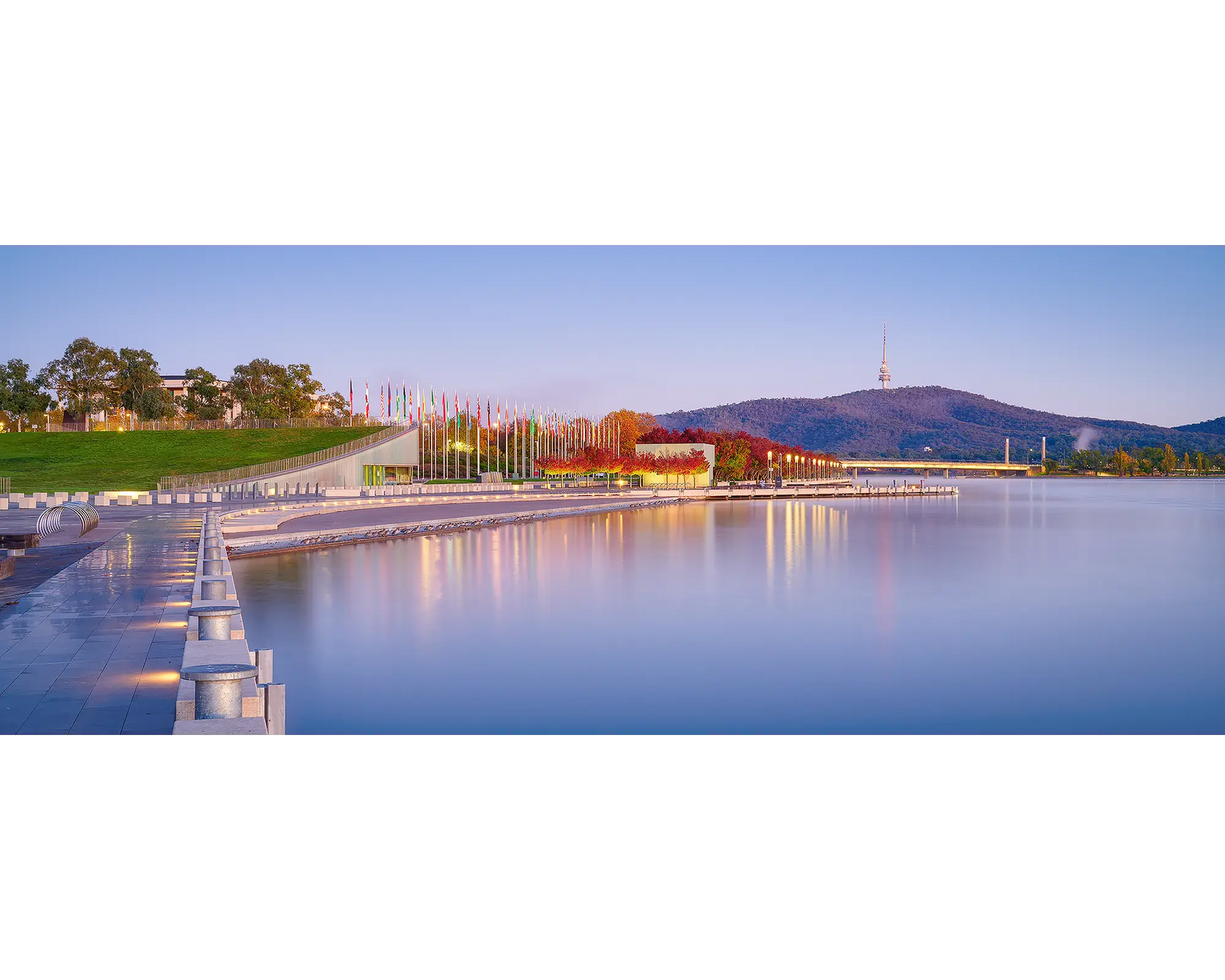 Dawn over Lake Burley Griffin in Canberra, in autumn.