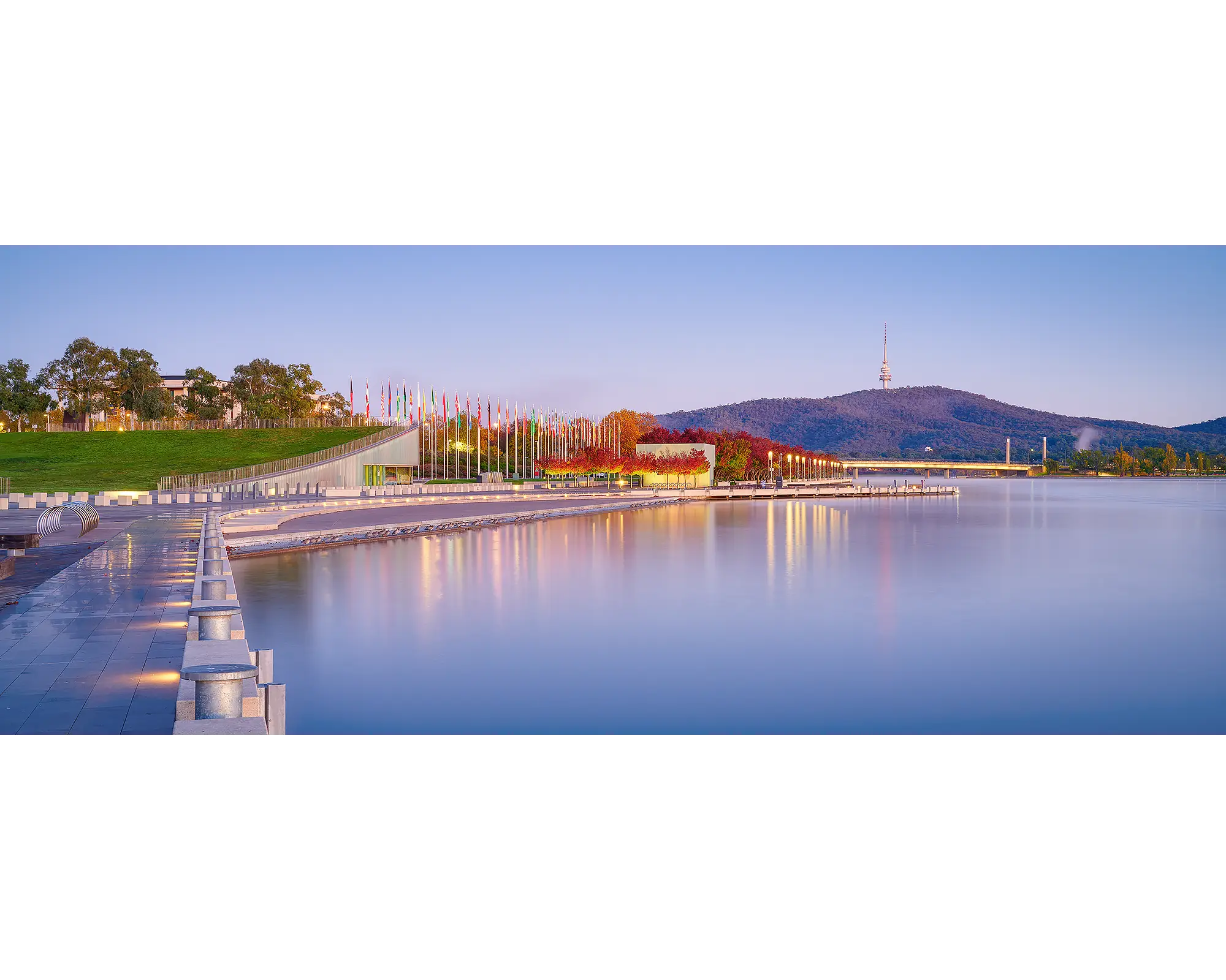 Dawn over Lake Burley Griffin in Canberra during autumn.