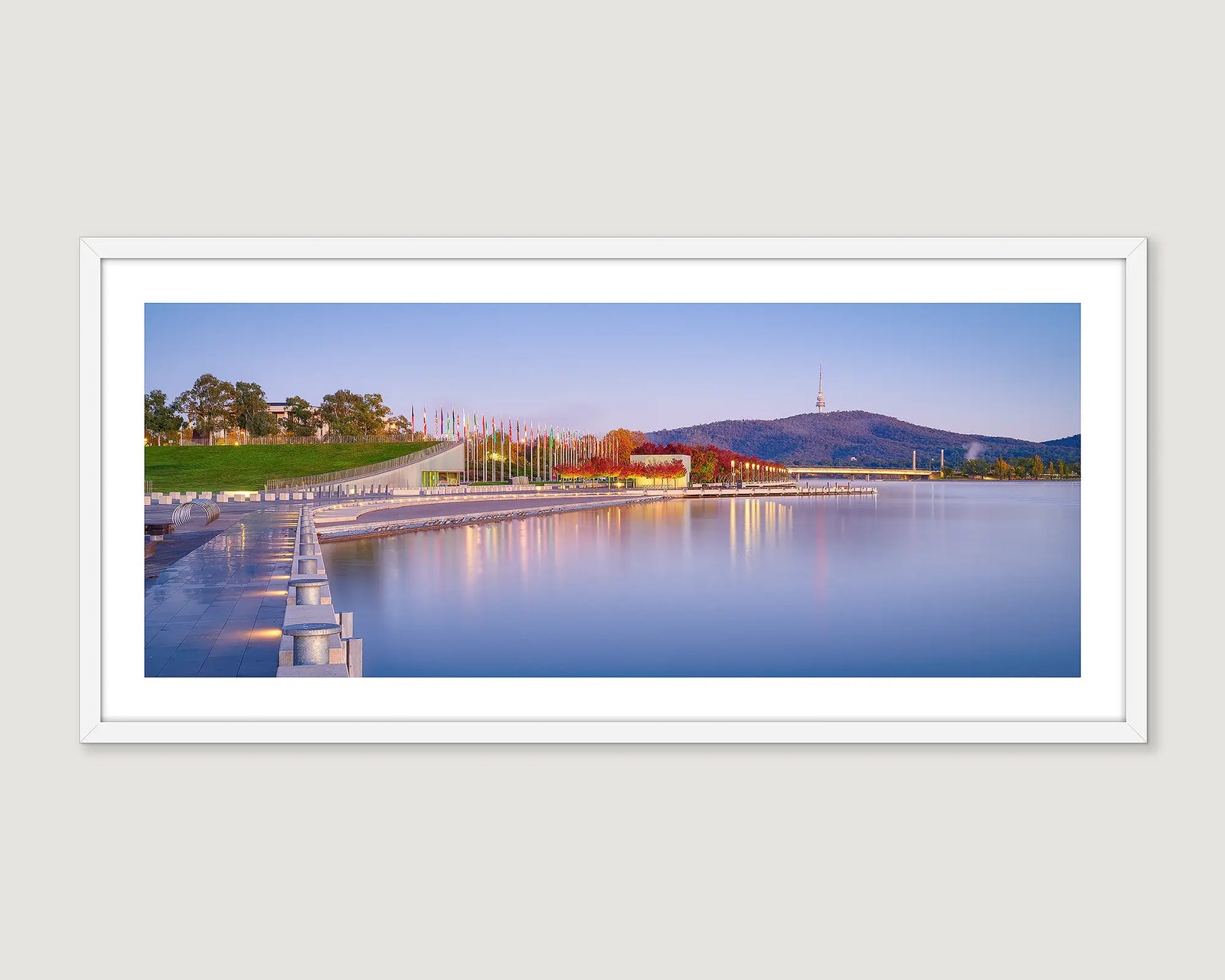 Framed wall art print of an autumn morning around Lake Burley Griffin with Black Mountain in the background. 