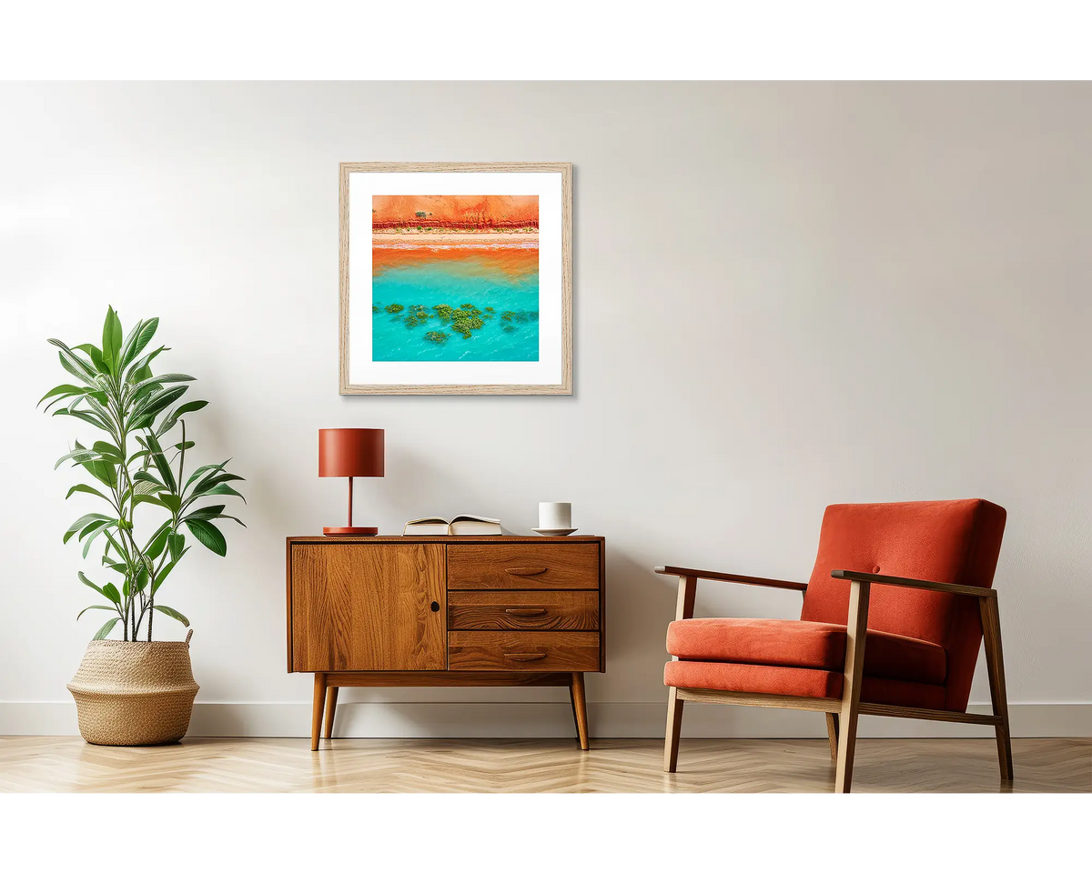 Blend. Abstract Kimberley artwork in a Tasmanian Oak frame, in a retro styled interior. 