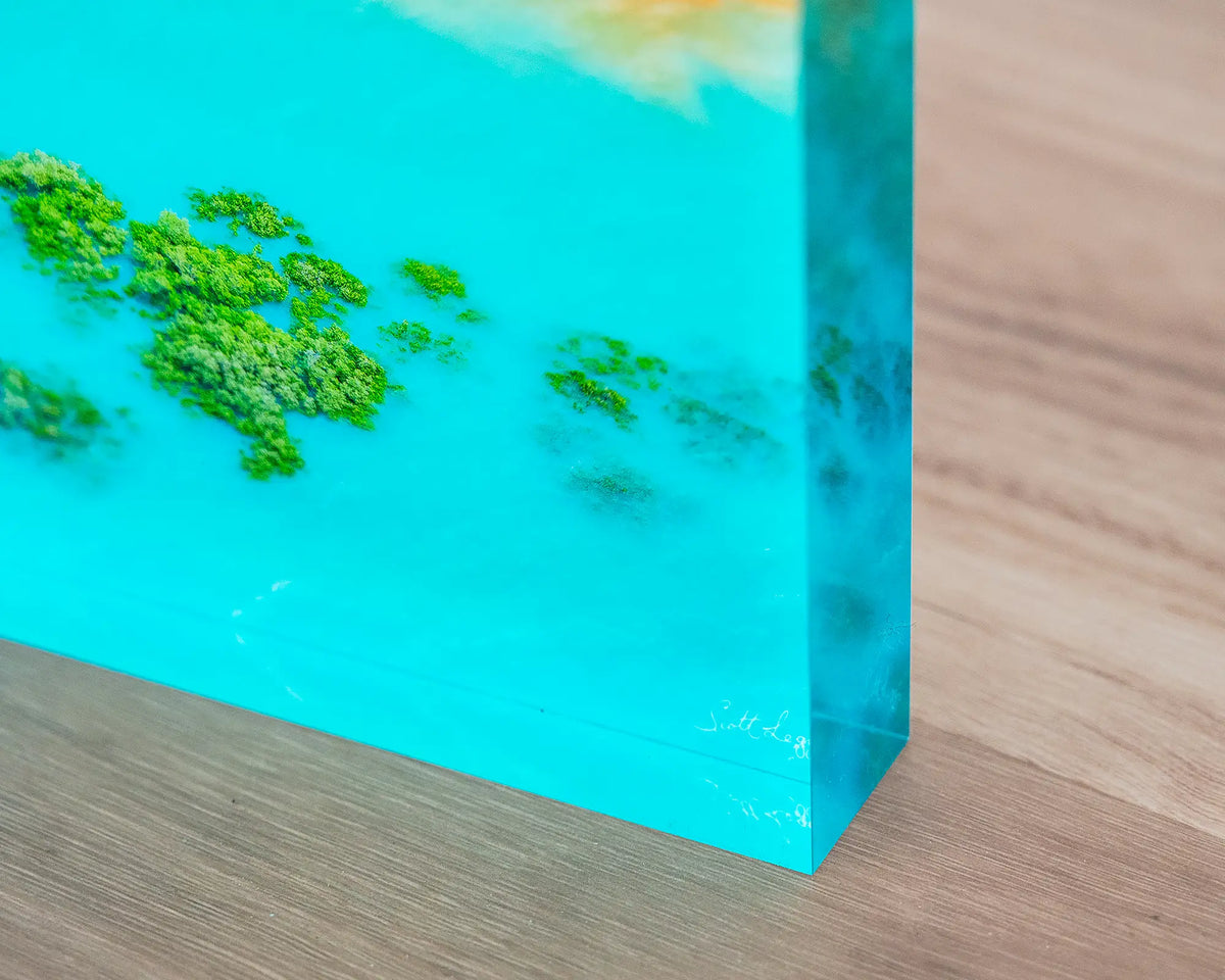 Blend. Acrylic block aerial coastal view of Broome, Western Australia, close-up corner detail showing 3D effect.