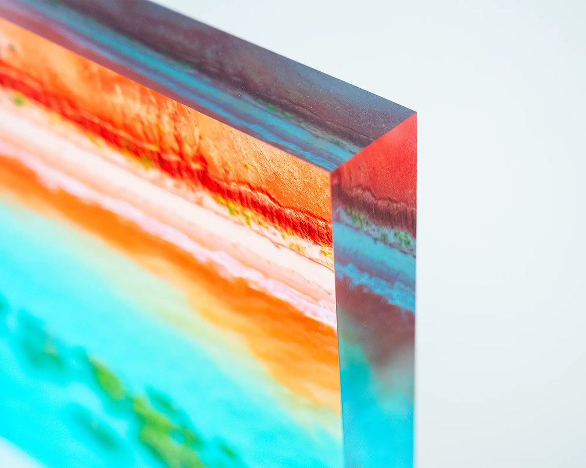 Blend. Acrylic block aerial coastal view of Broome, Western Australia, close-up corner details.