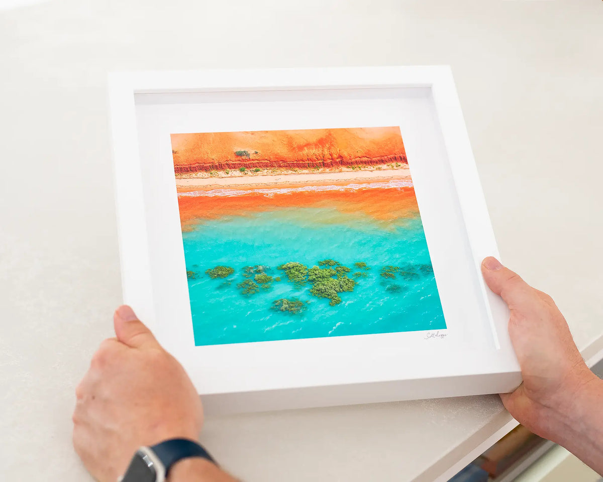 Blend. Kimberley coastal artwork, small framed print with white frame.