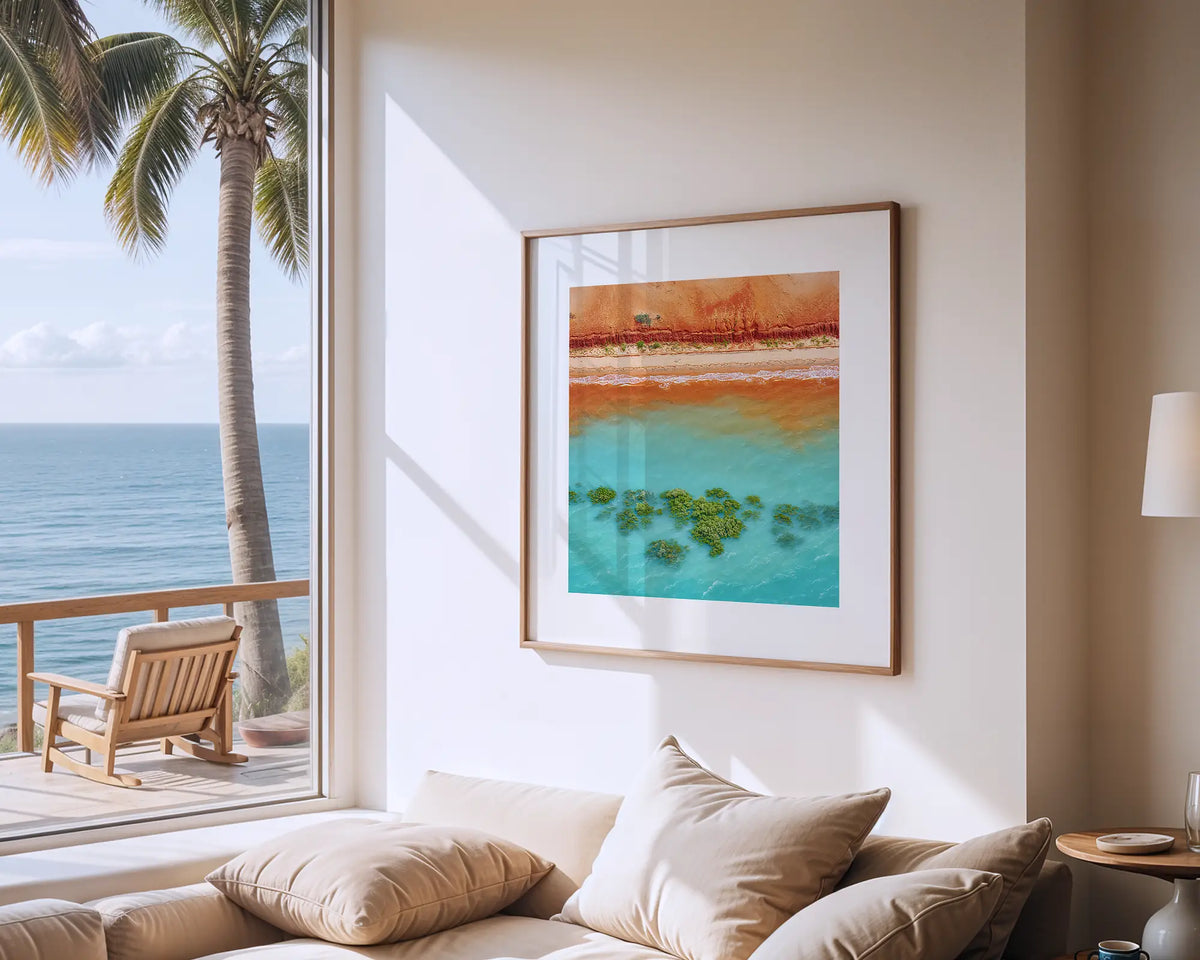 Blend. Photographic, abstract, wall art print of Broome,  with a timber frame hung in a coastal house.