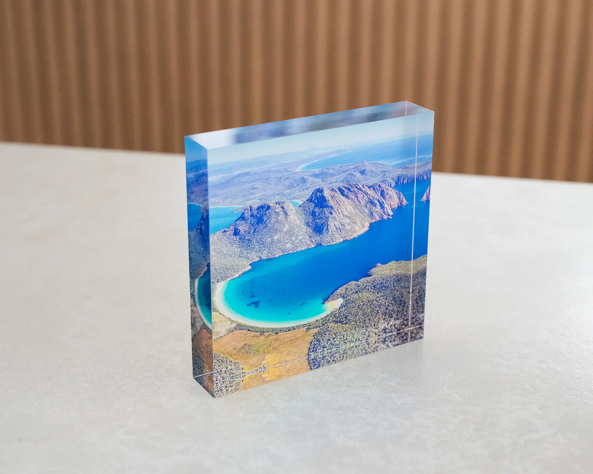 Blue Beauty. Acrylic block aerial view of Wineglass Bay Tasmania, showing depth.