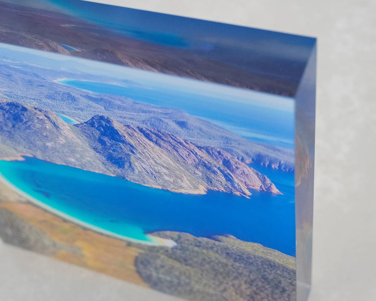 Blue Beauty. Acrylic block aerial view of Wineglass Bay Tasmania, top corner close-up details.