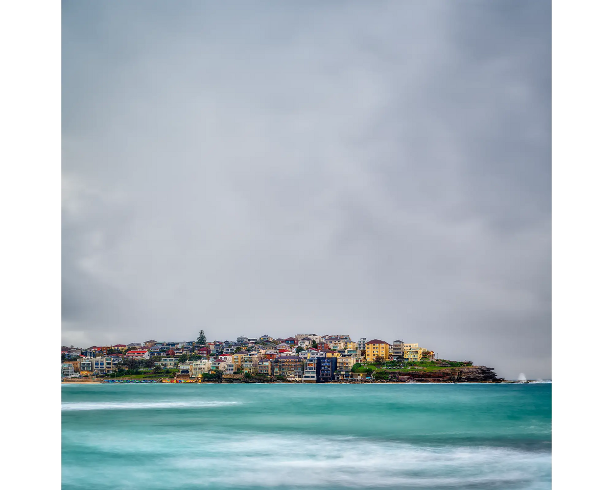 Seaside homes at Bondi Beach under overcast skies, Sydney, NSW. 