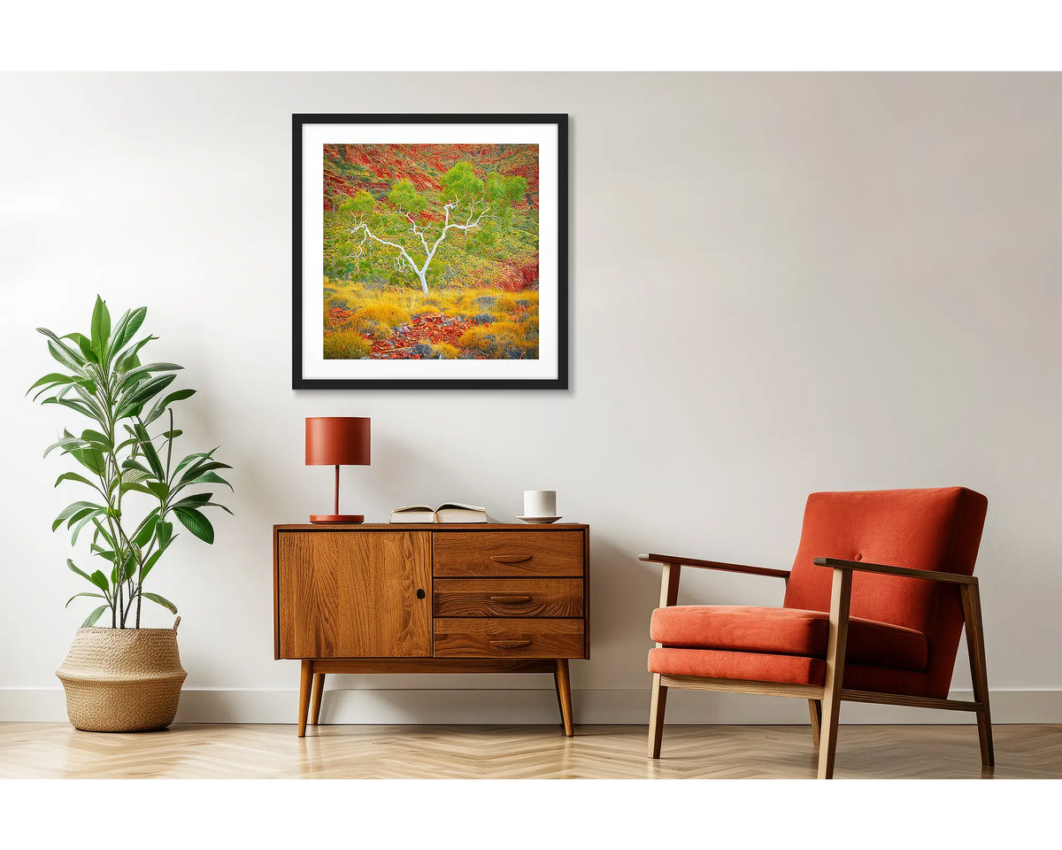Branches of Life. Outback artwork in a black frame, in a retro-styled interior. 