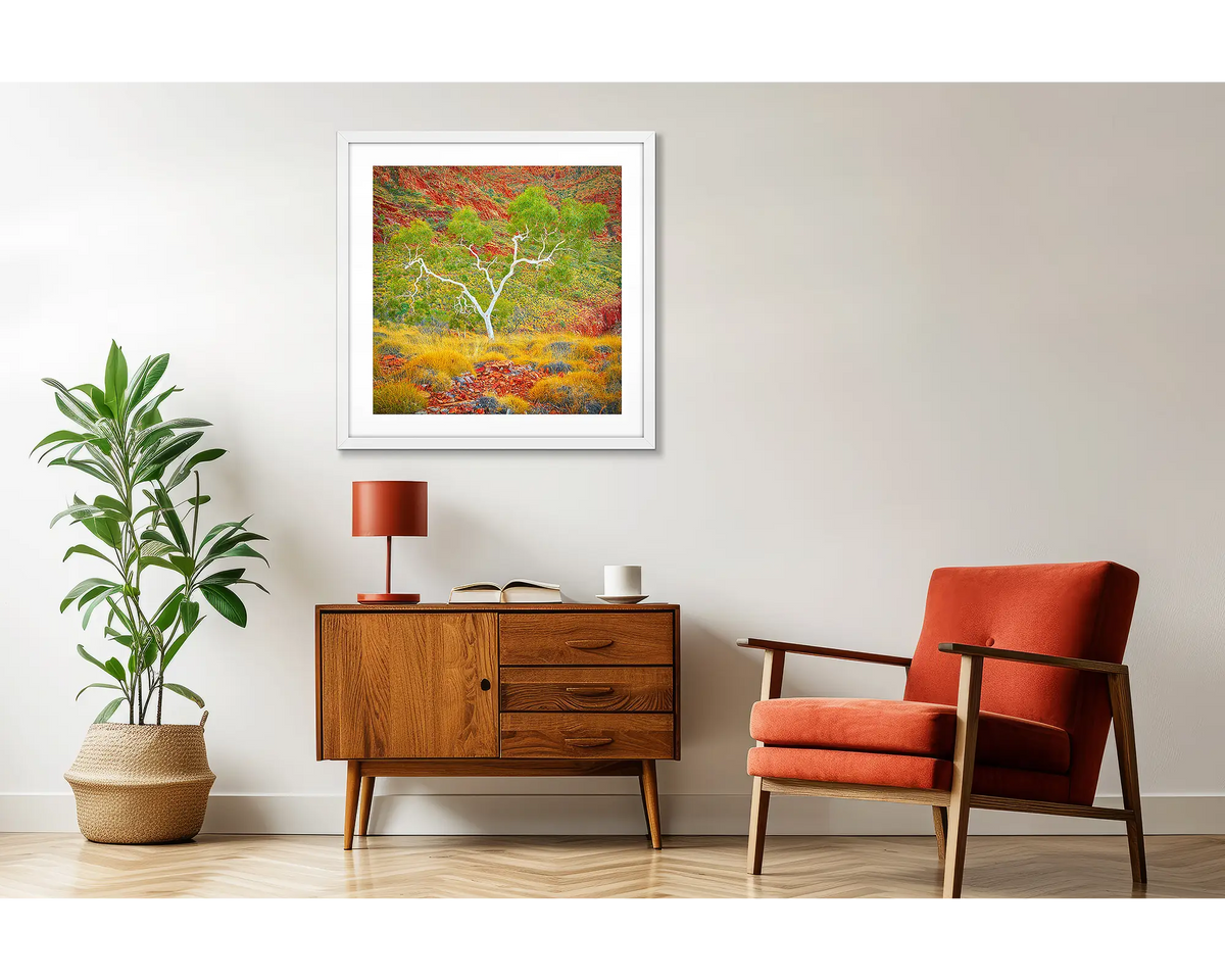 Branches of Life. Outback artwork in a white frame, in a retro-styled interior. 