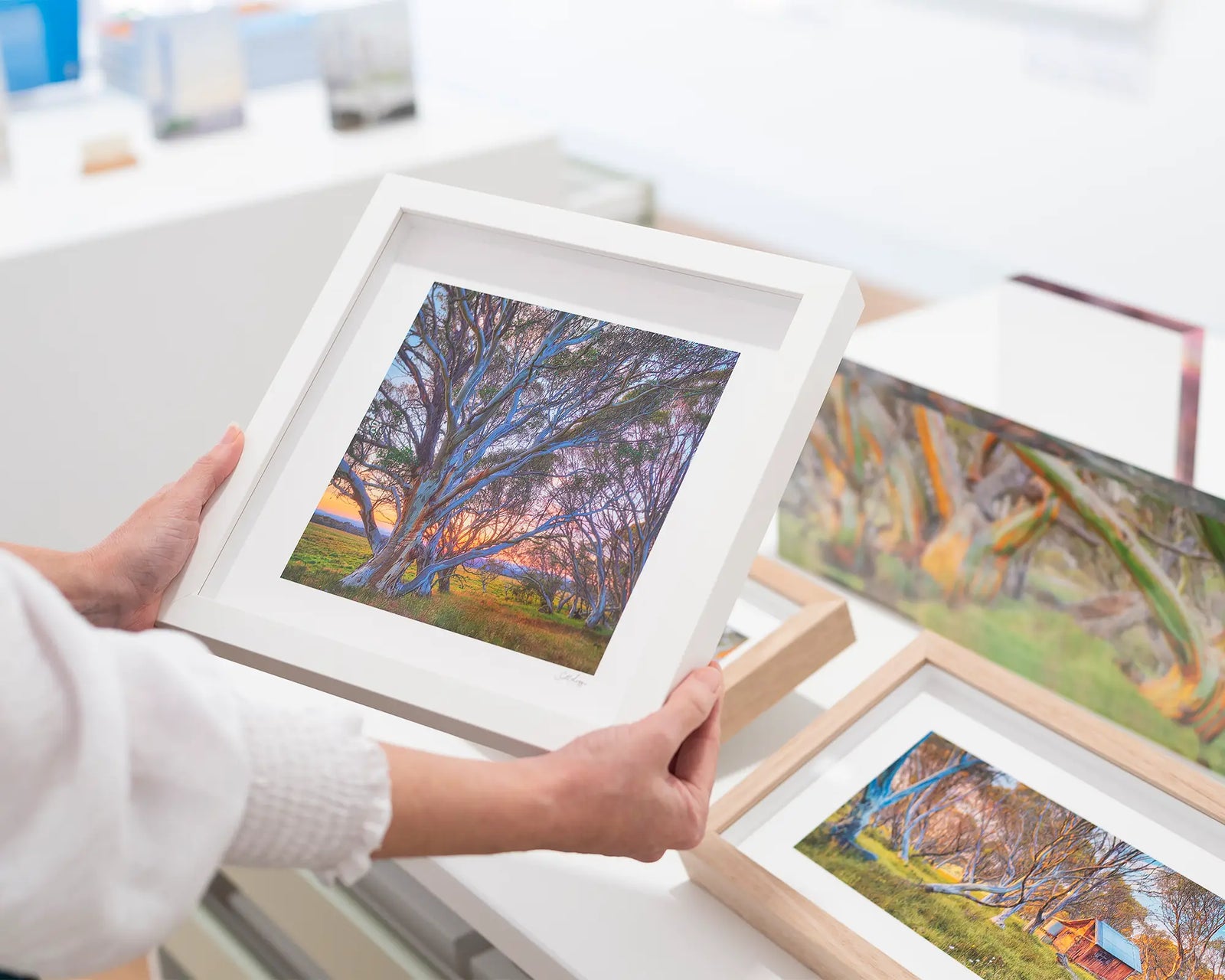 Framed photograph of snow gums and a sunset in the Victorian high country. 
