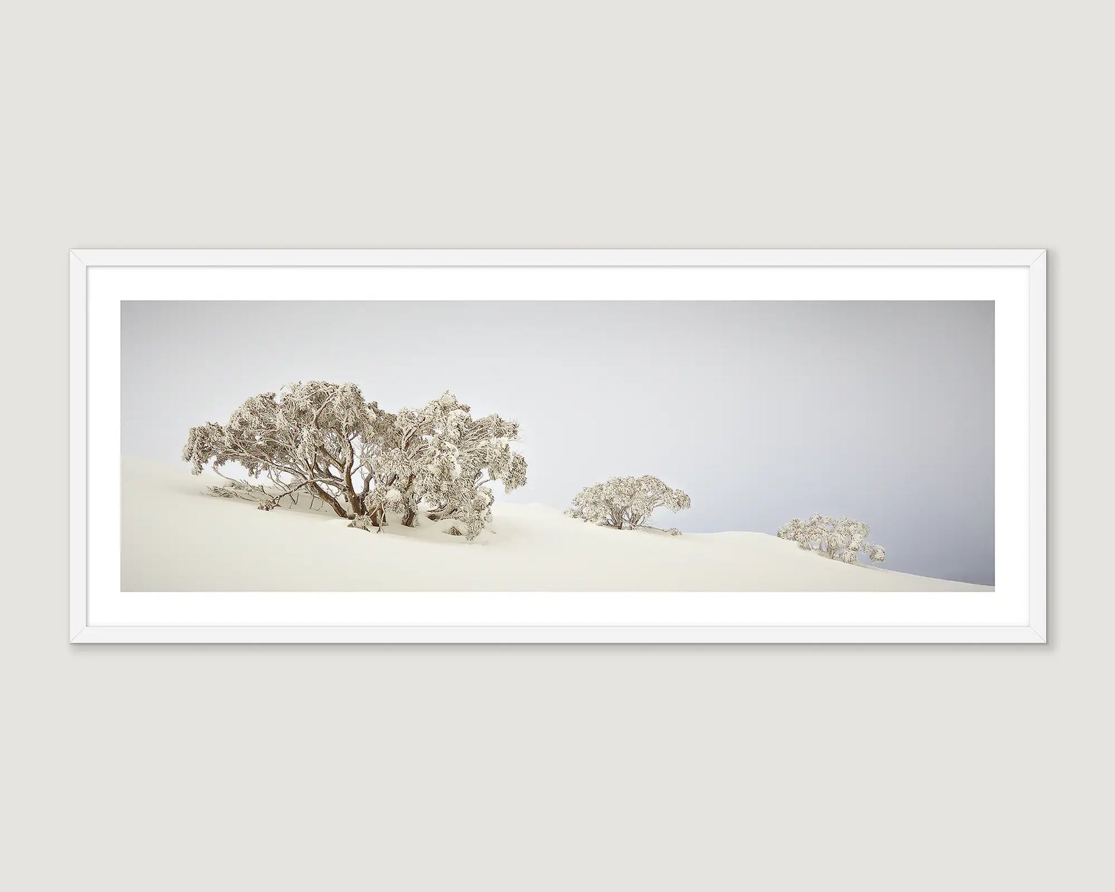Framed wall art print of a trio of snow gums in heavy snow on Mount Hotham. 