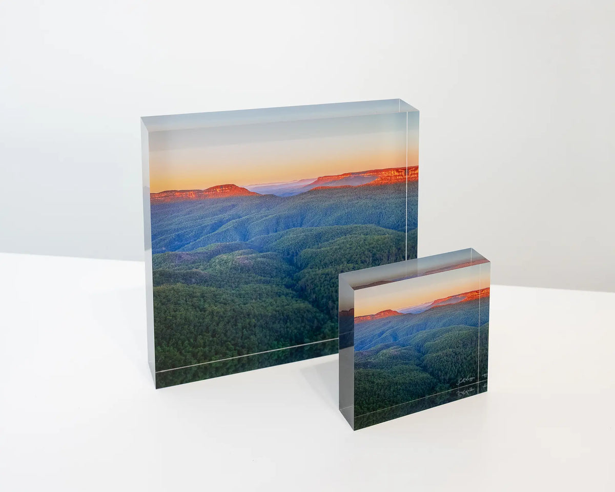 Breaking Dawn. Acrylic blocks 19cm and 10cm, sunrise over Blue Mountains National Park.