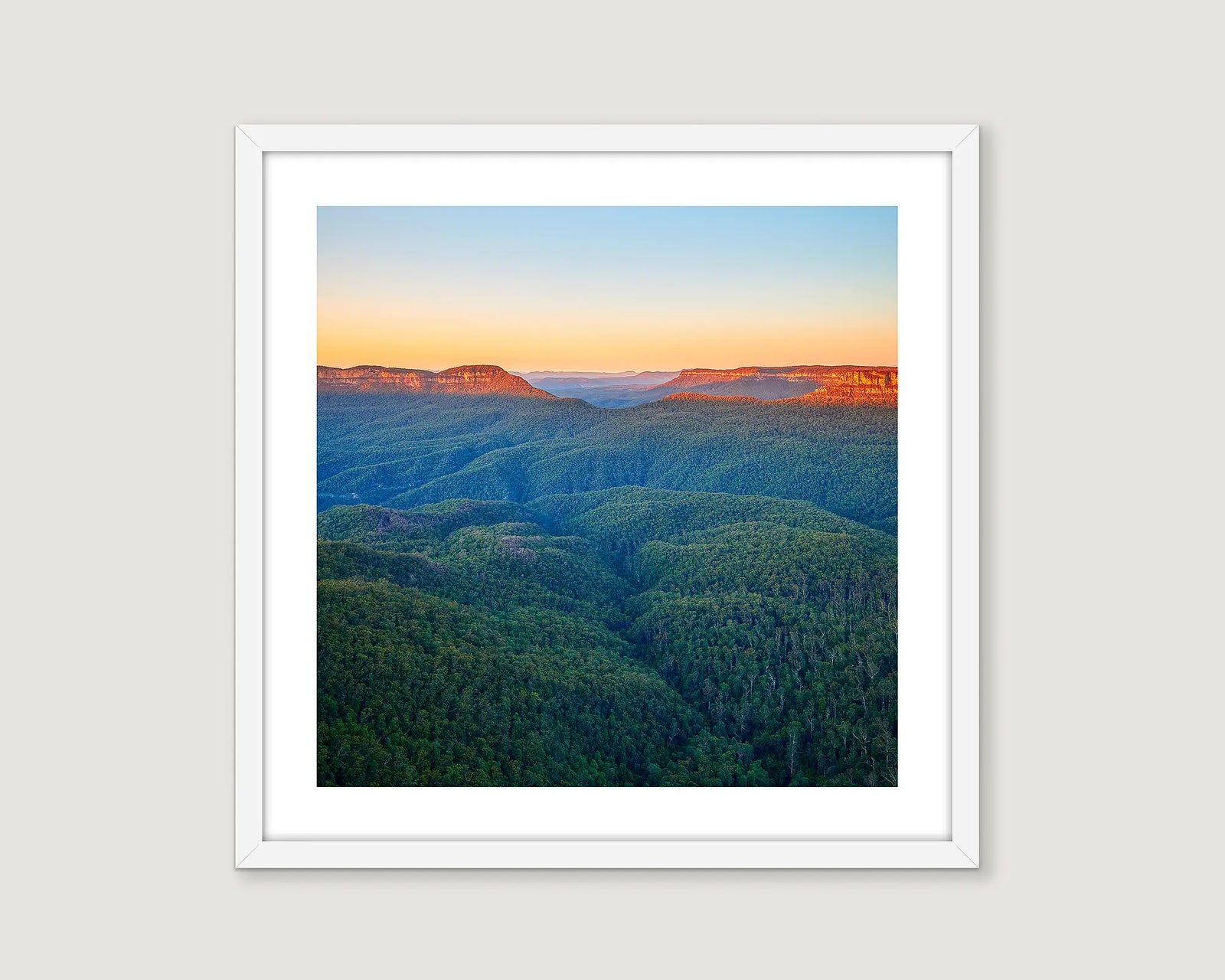 Photographic wall art print of a sunrise over the Blue Mountains. 