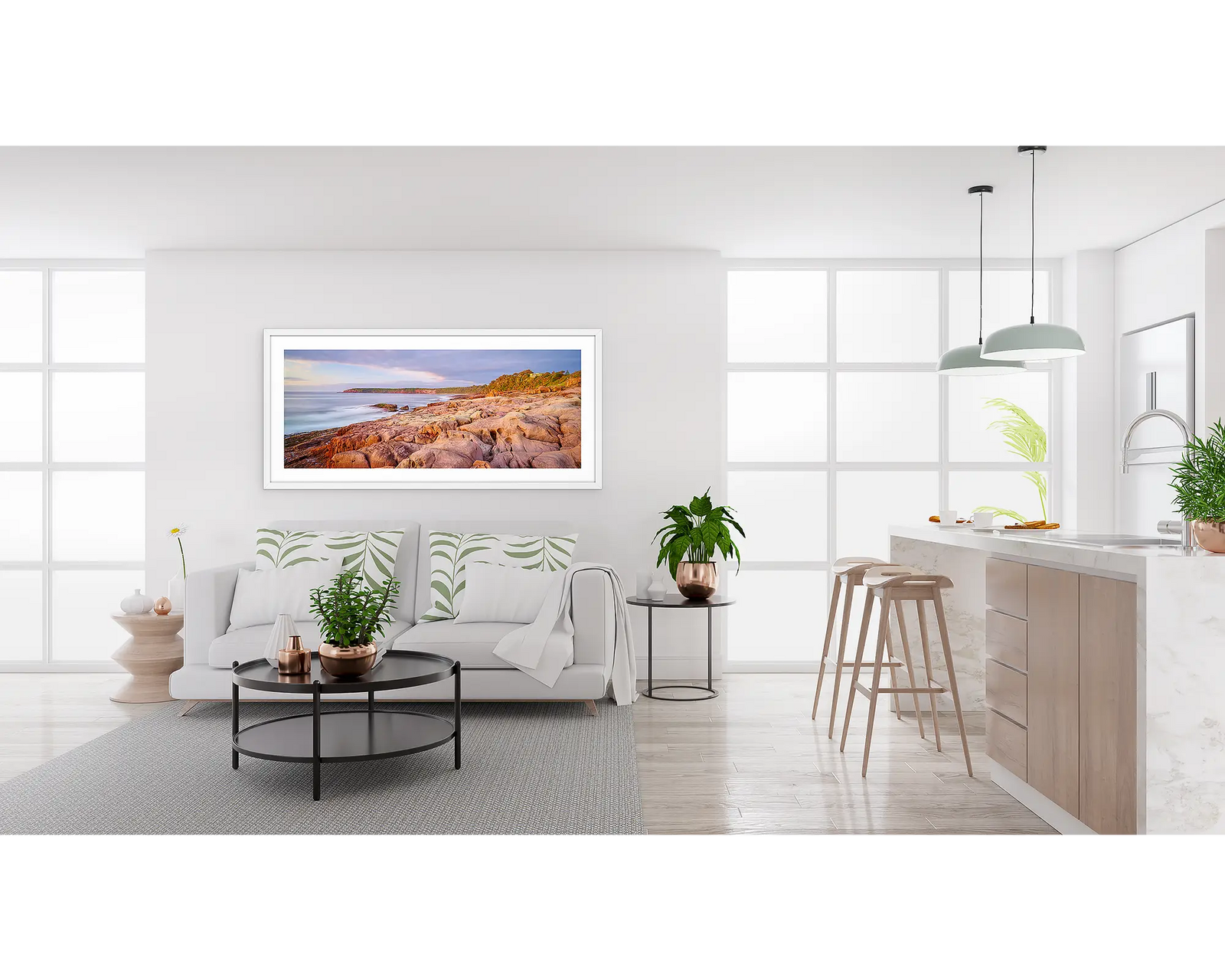 Framed wall art print of a coastal scene of a sunrise over rugged rocks at Short Point, Merimbula. 