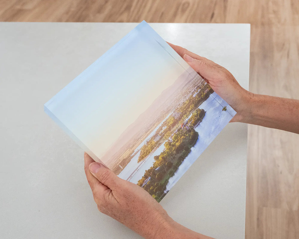 Brighter Days. Acrylic block of Autumn morning over Lake Burley Griffin Canberra, being hand held.