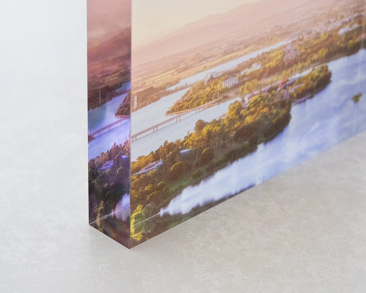 Brighter Days. Acrylic block of Autumn morning over Lake Burley Griffin Canberra, close-up corner details.