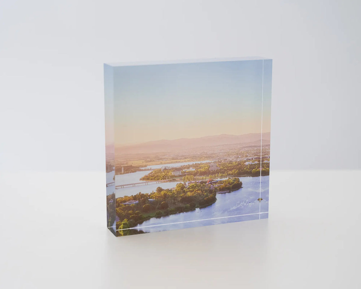 Brighter Days. Acrylic block of an Autumn morning over Lake Burley Griffin, Canberra.