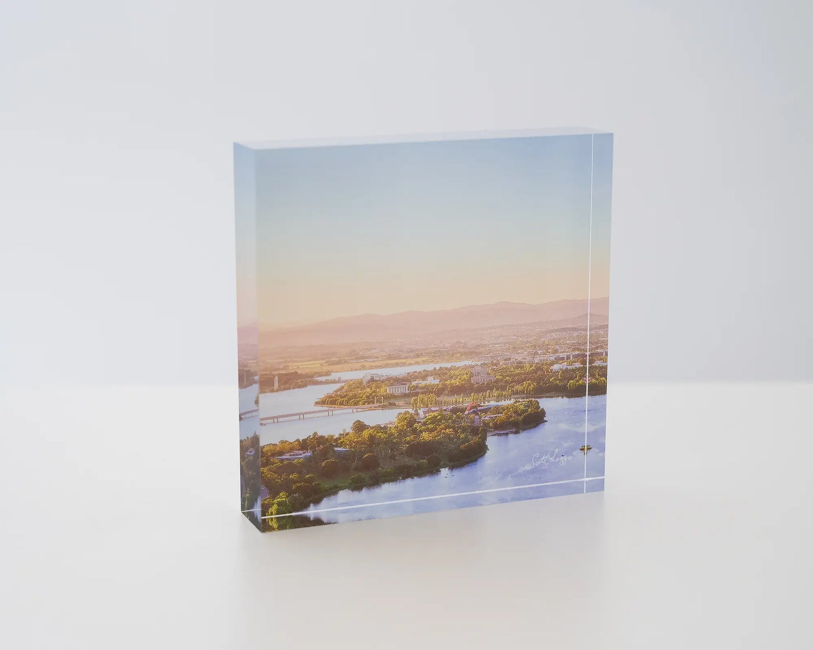 Brighter Days. Acrylic block of an Autumn morning over Lake Burley Griffin, Canberra.