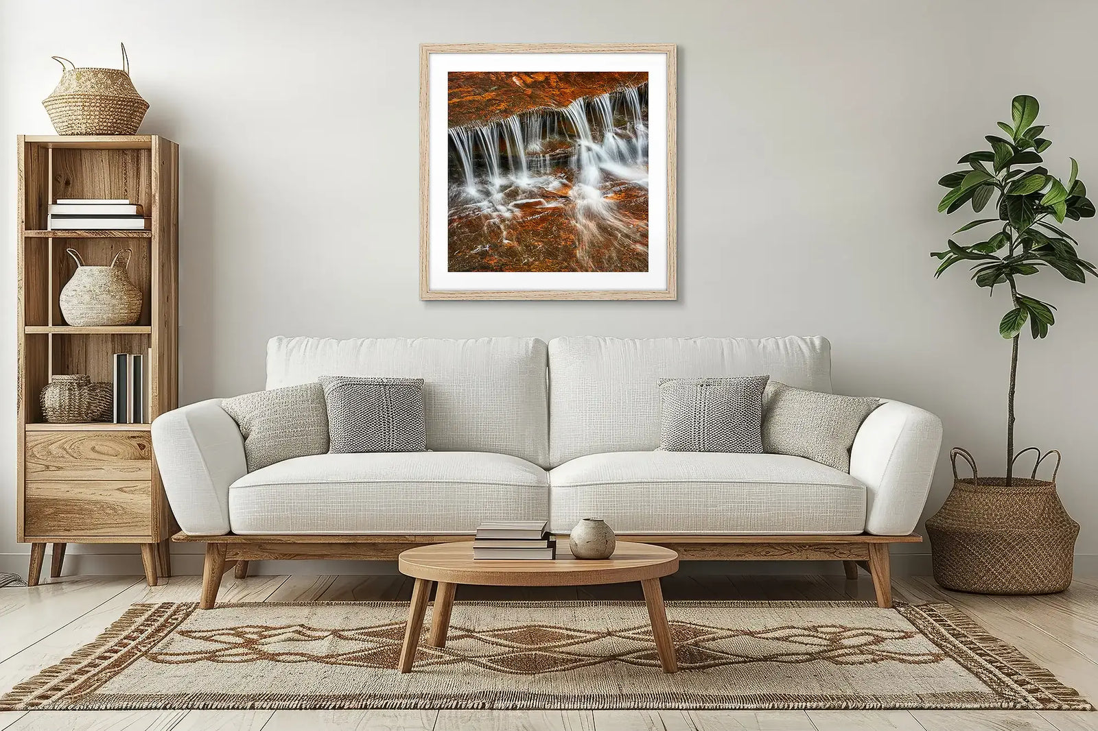 Brown colour wall art with timber frame in lounge room above couch.