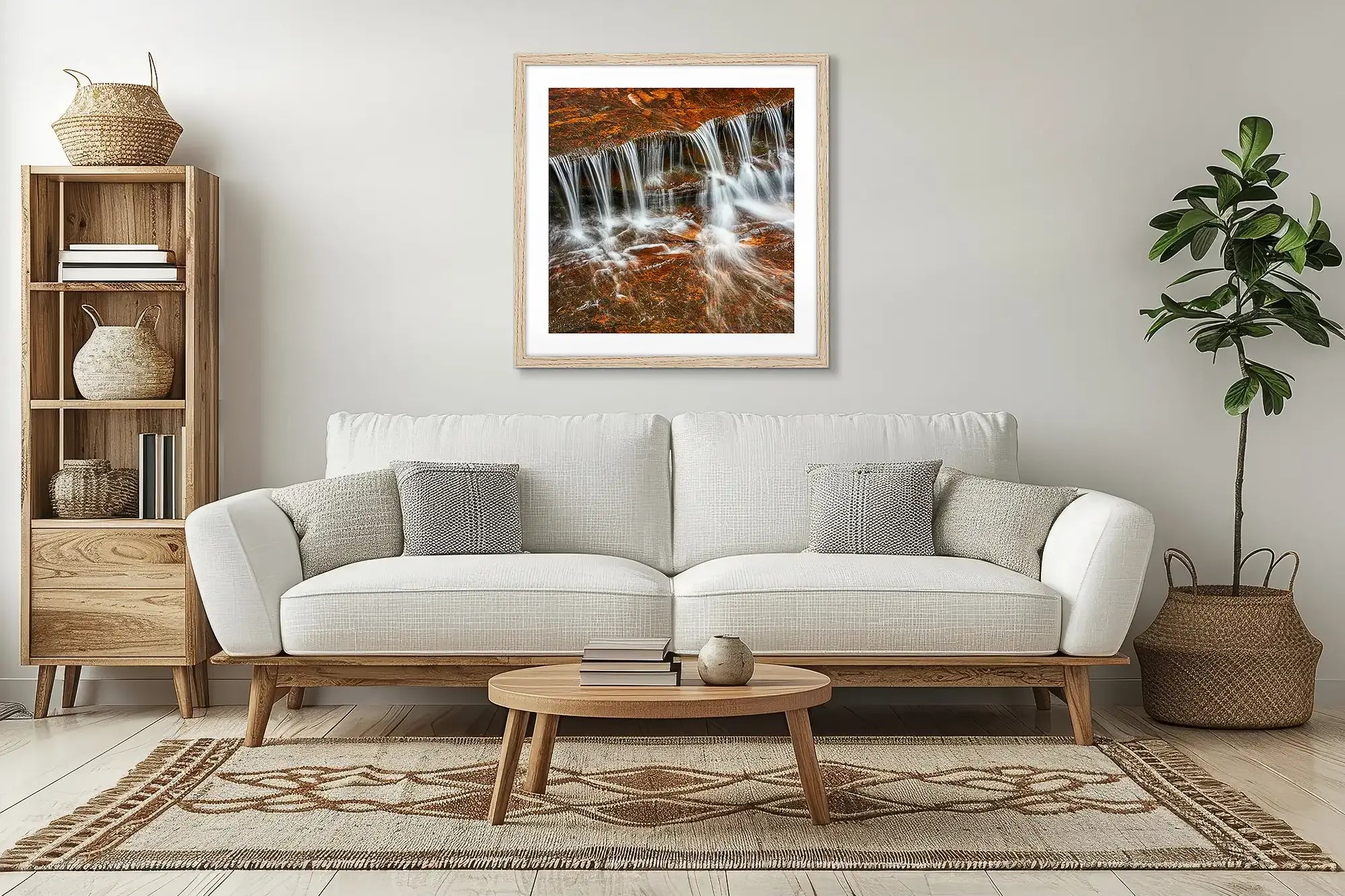 Brown colour wall art with timber frame in lounge room above couch.