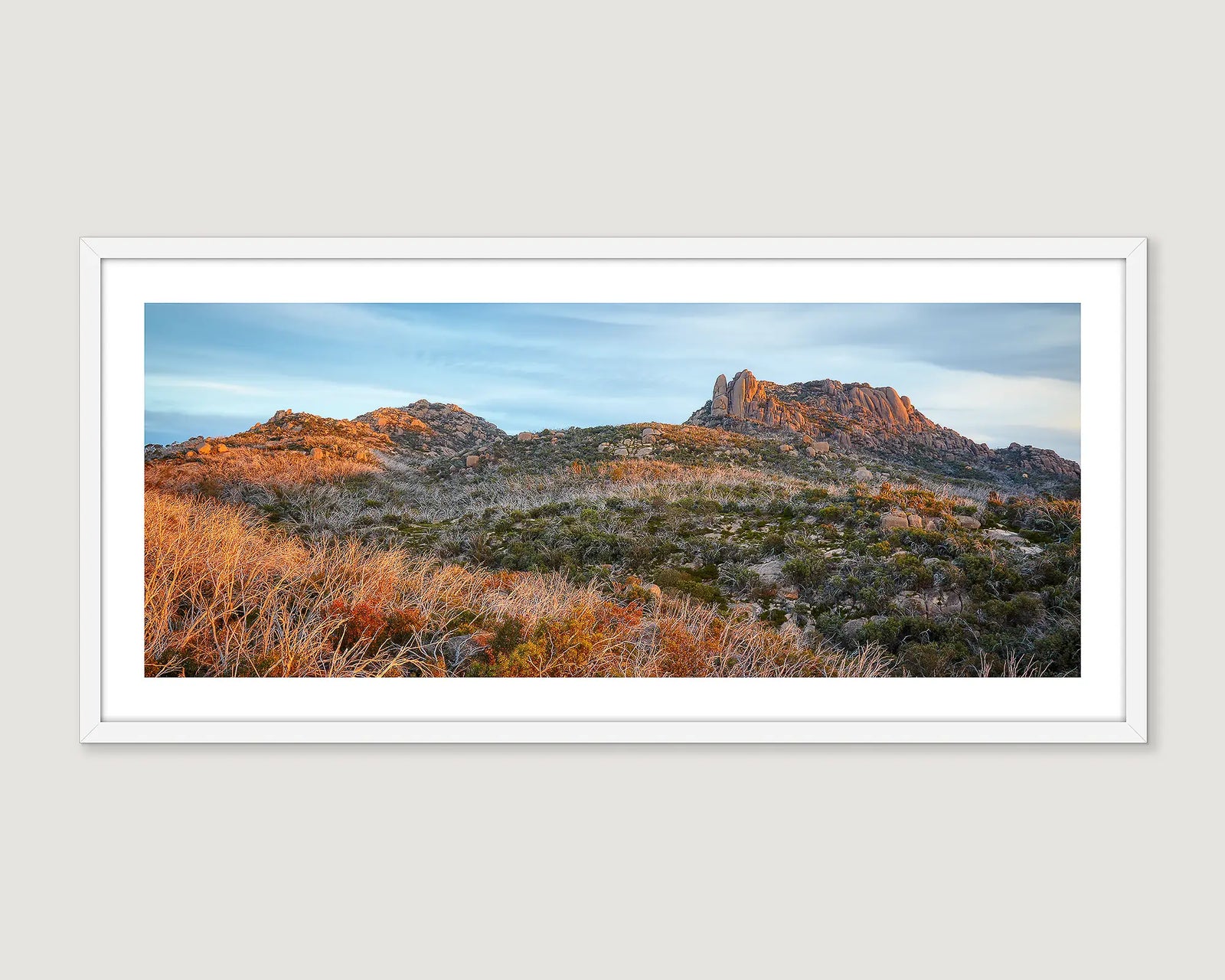 Framed wall art print of the Cathedral and Hump on Mount Buffalo at sunset in summer. 