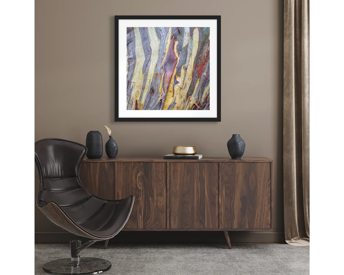 Buller Bark. Abstract wall art print of snow gum bark on Mount Buller, framed with a black frame and hung in a lounge room. 