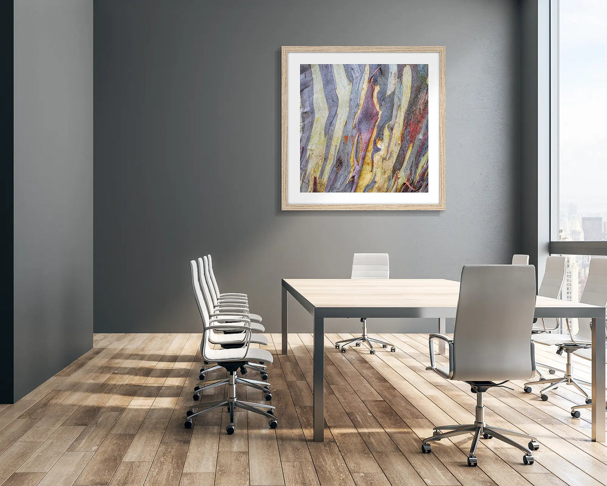 Buller Bark. Abstract wall art print of snow gum bark on Mount Buller, framed with a timber frame, hung in a corporate boardroom. 