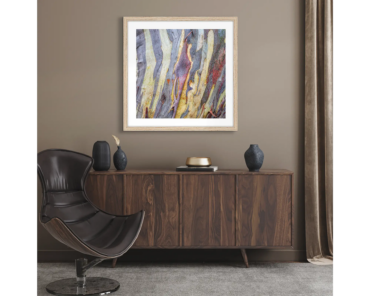 Buller Bark. Abstract wall art print of snow gum bark on Mount Buller, framed with a timber frame and hung in a lounge room. 