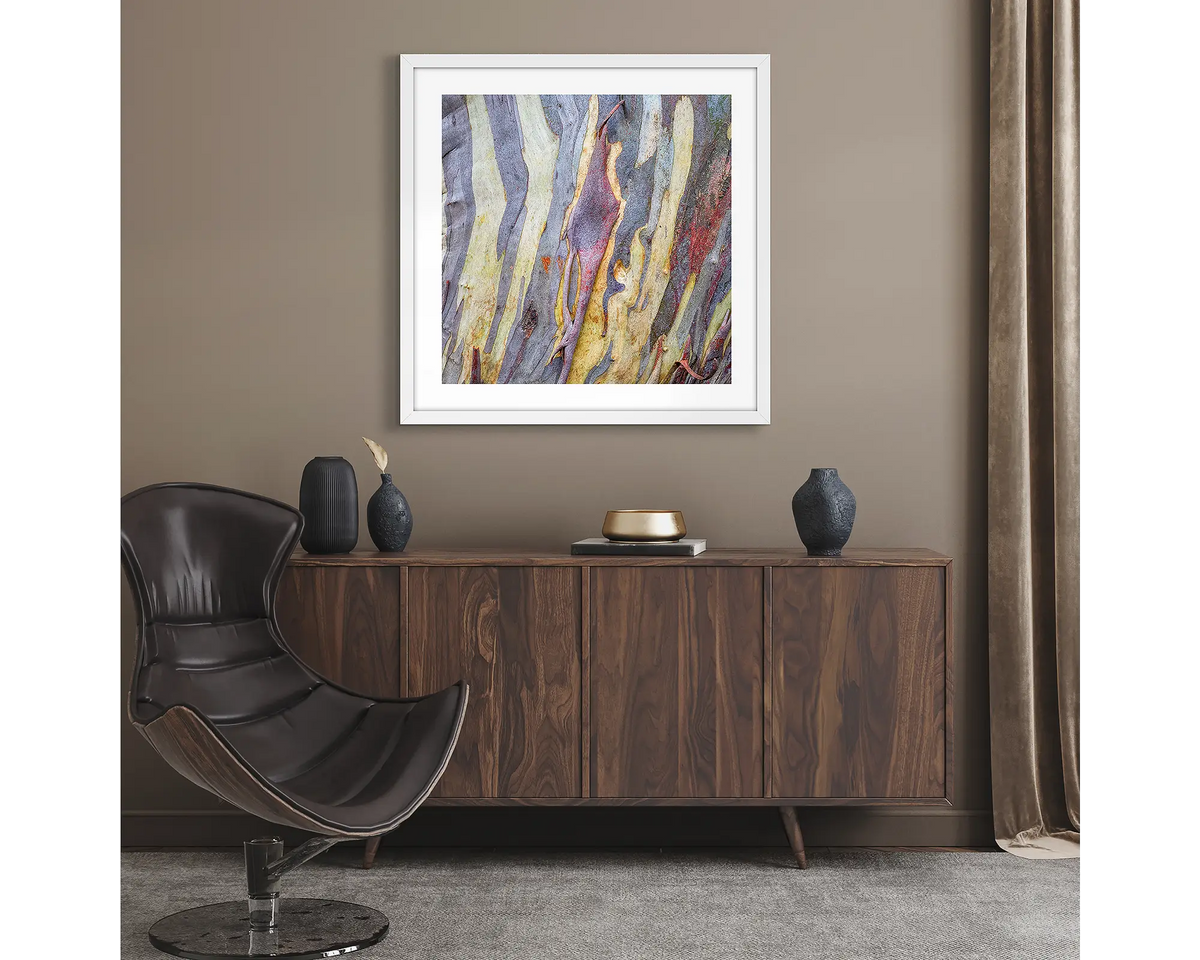 Buller Bark. Abstract wall art print of snow gum bark on Mount Buller, framed with a white frame and hung in a lounge room. 