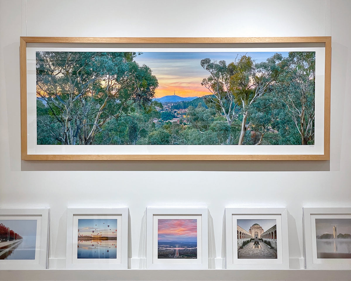 Bush Capital. Canberra views through bushland, with timber frame and small Canberra prints on display underneath.